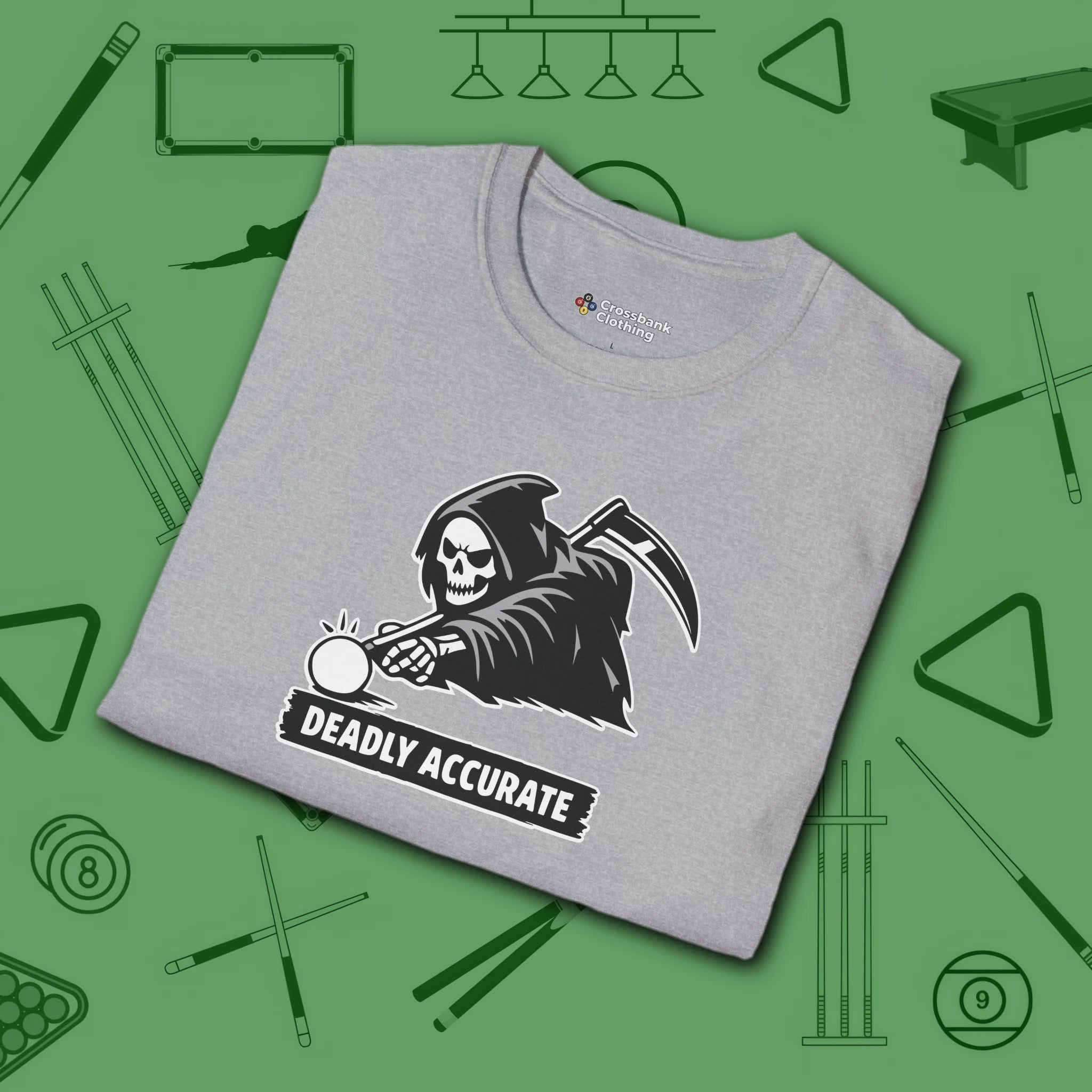 Deadly Accurate T-Shirt, in Sport Grey color, billiards shirt, folded view