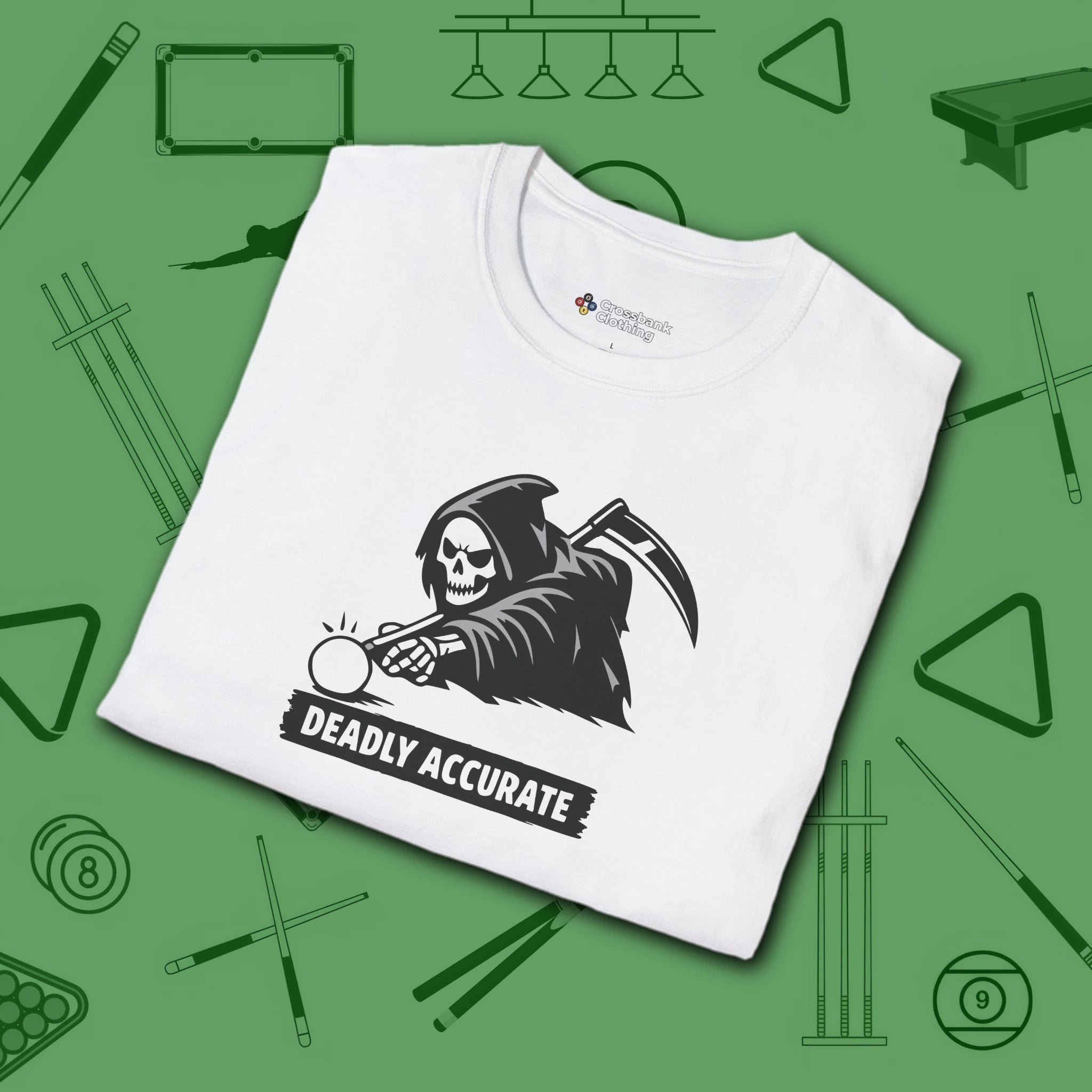 Deadly Accurate T-Shirt, in White color, billiards shirt, folded view
