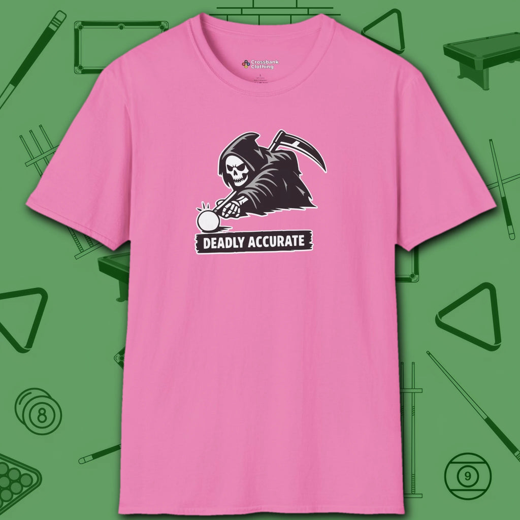 Deadly Accurate T-Shirt, in Azalea color, billiards shirt, front view