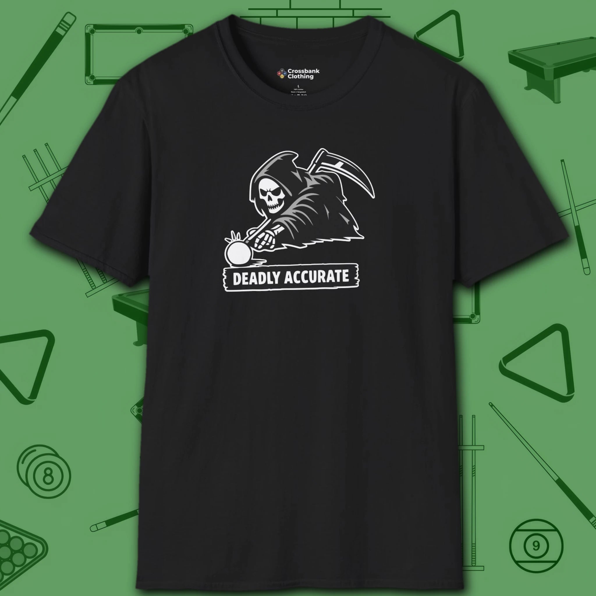 Deadly Accurate T-Shirt, in Black color, billiards shirt, front view