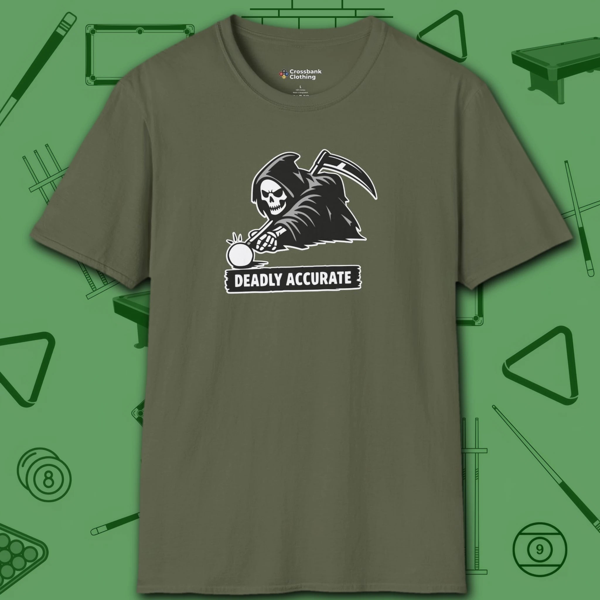 Deadly Accurate T-Shirt, in Military Green color, billiards shirt, front view