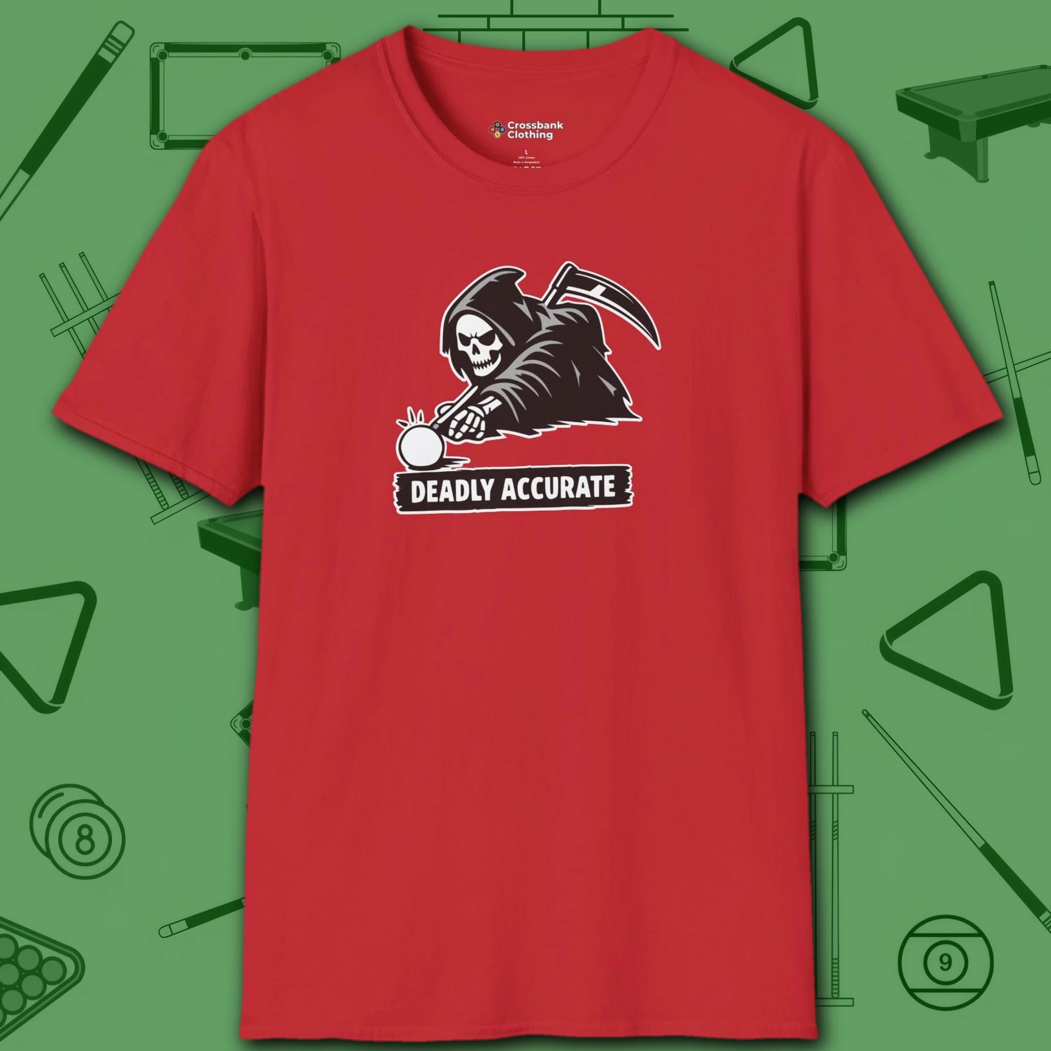 Deadly Accurate T-Shirt, in Red color, billiards shirt, front view