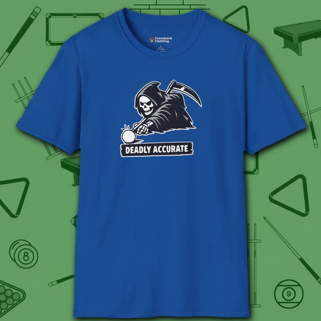 Deadly Accurate T-Shirt, in Royal color, billiards shirt, front view