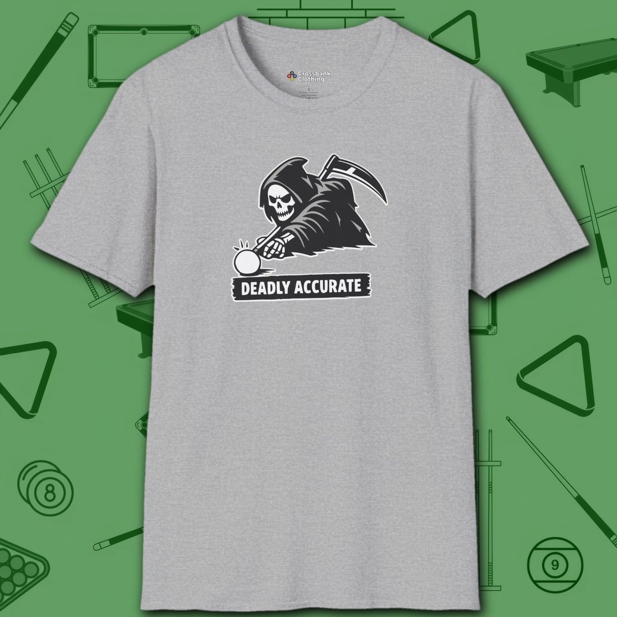 Deadly Accurate T-Shirt, in Sport Grey color, billiards shirt, front view