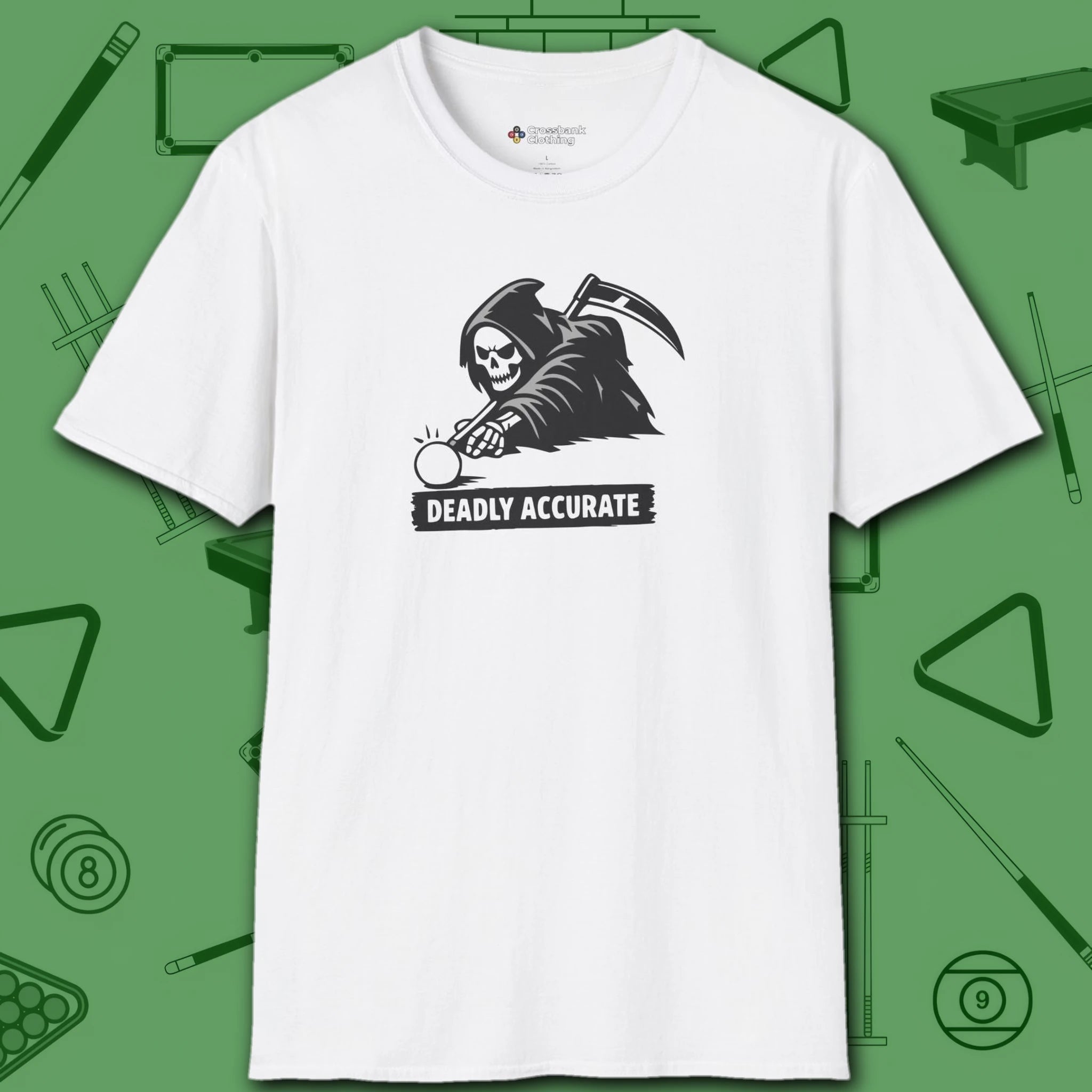 Deadly Accurate T-Shirt, in White color, billiards shirt, front view