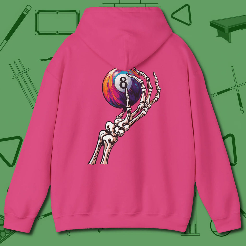 Death Grip 8 Ball Hoodie, back view, in Heliconia