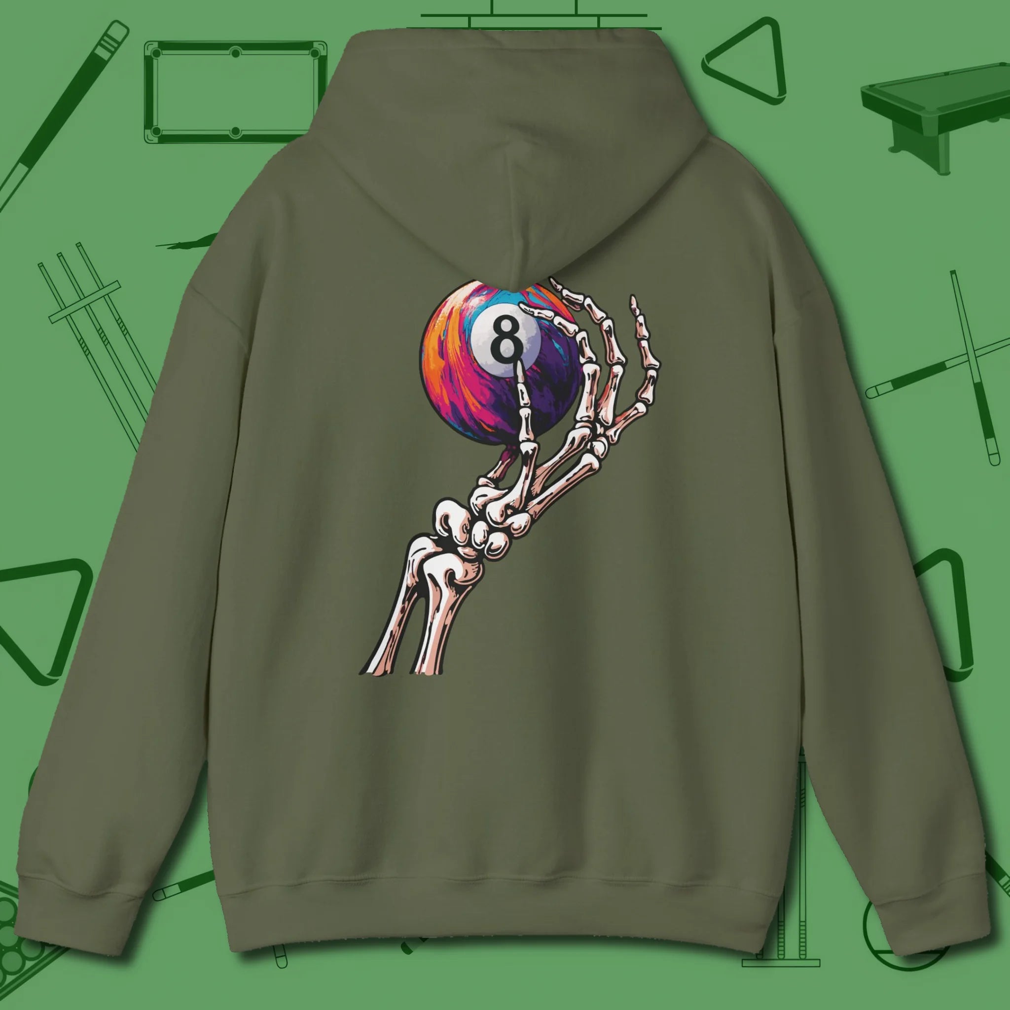 Death Grip 8 Ball Hoodie, back view, in Military Green