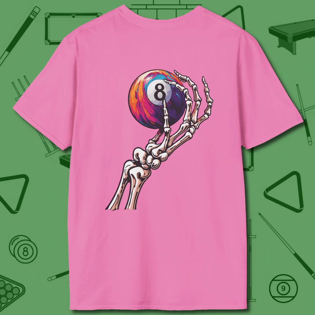 Death Grip 8 Ball T-Shirt, back view, in Azalea league-night style, clutch finishes