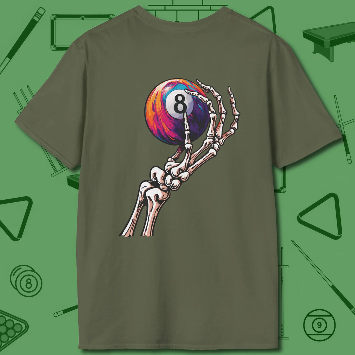 Death Grip 8 Ball T-Shirt, back view, in Military Green tactical 8-ball, bank and kick