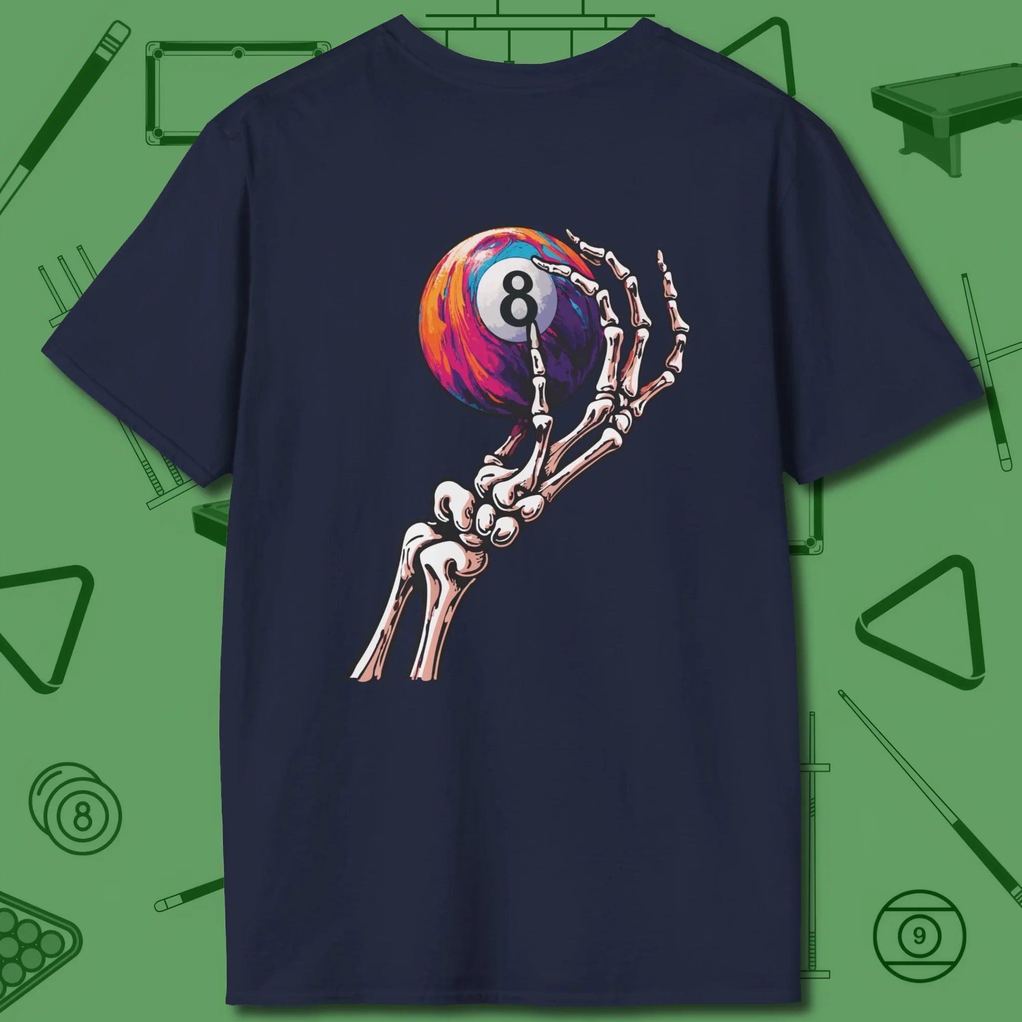 Death Grip 8 Ball T-Shirt, back view, in Navy 8-ball run-out swagger