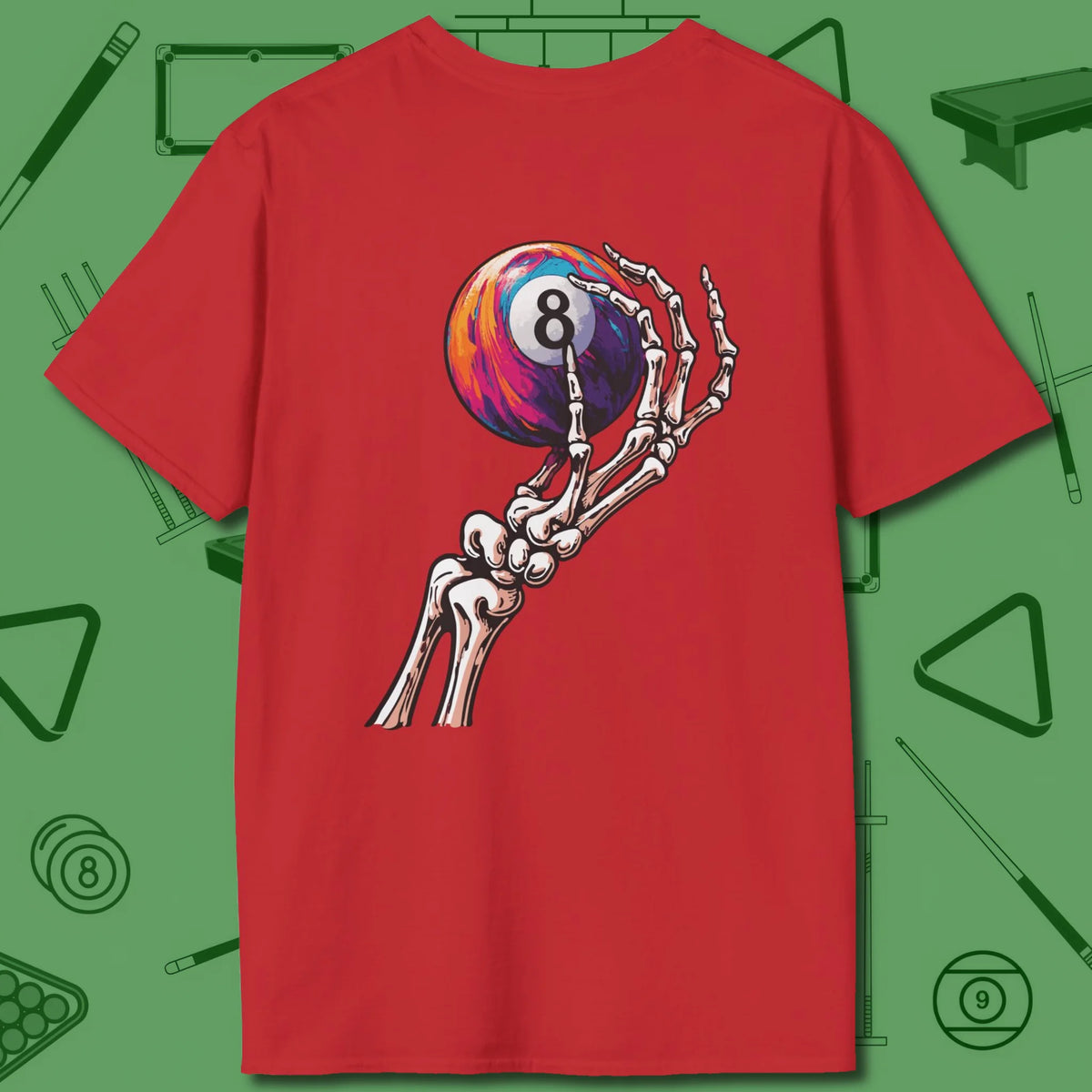 Death Grip 8 Ball T-Shirt, back view, in Red aggressive run-outs, shark energy