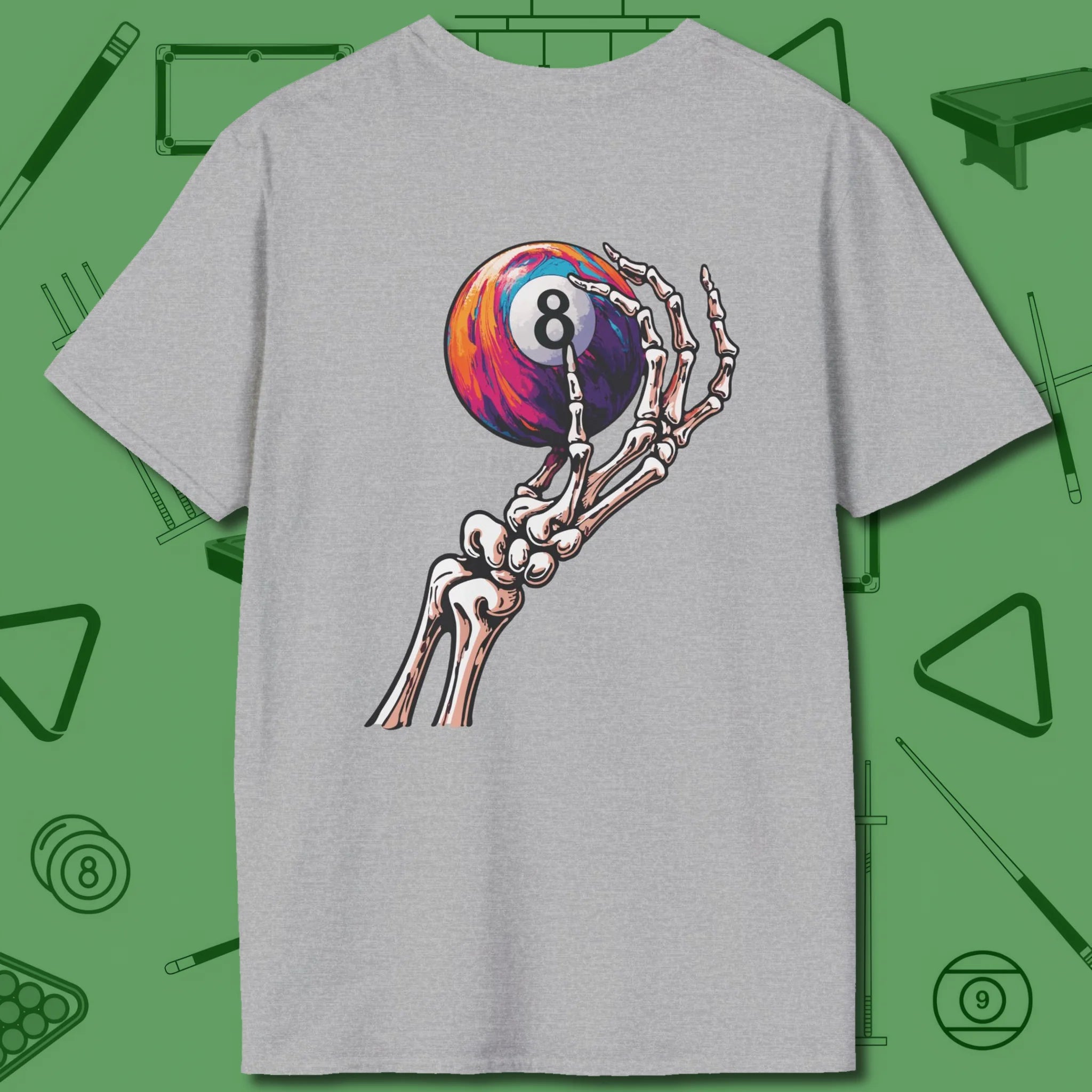 Death Grip 8 Ball T-Shirt, back view, in Sport Grey bank-shot ready, call the pocket