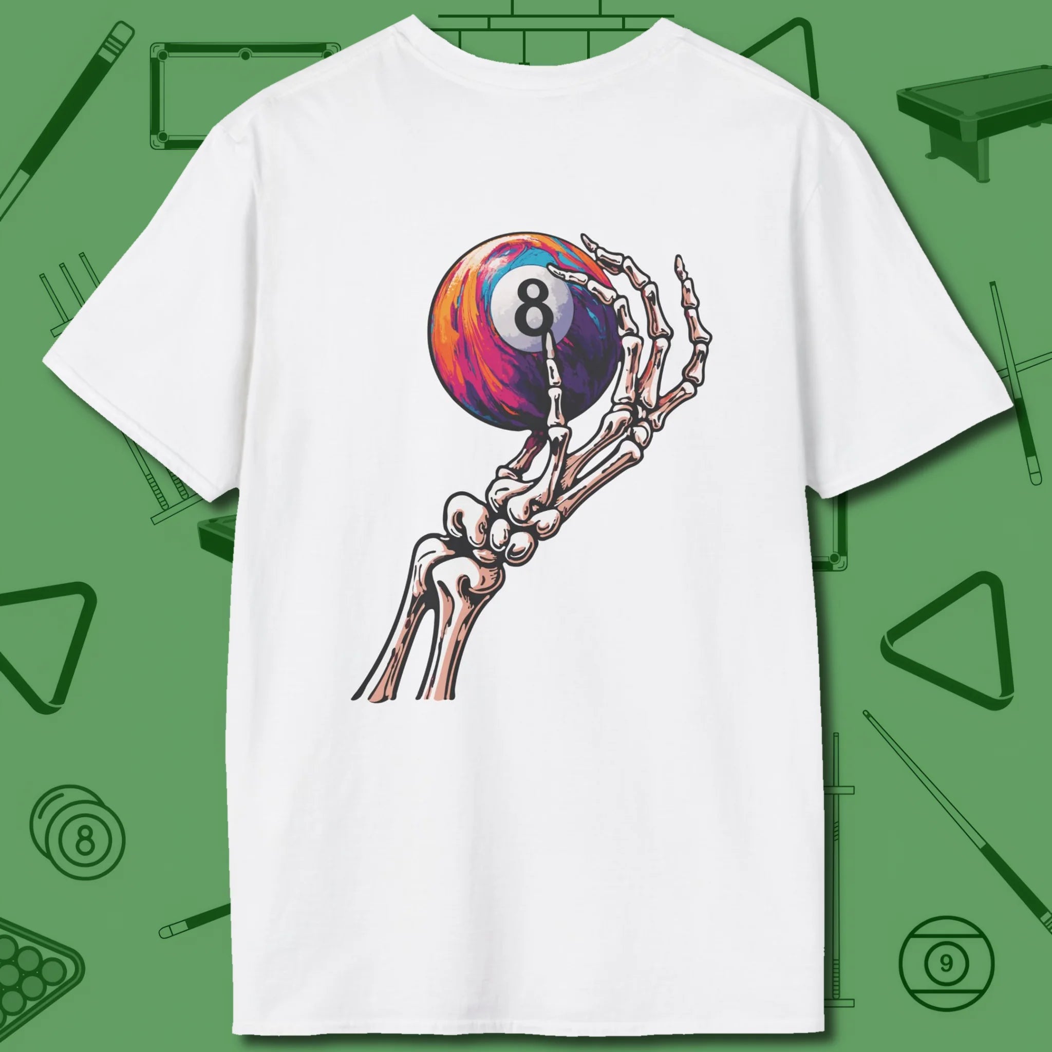 Death Grip 8 Ball T-Shirt, back view, in White classic 8-ball, crisp pattern
