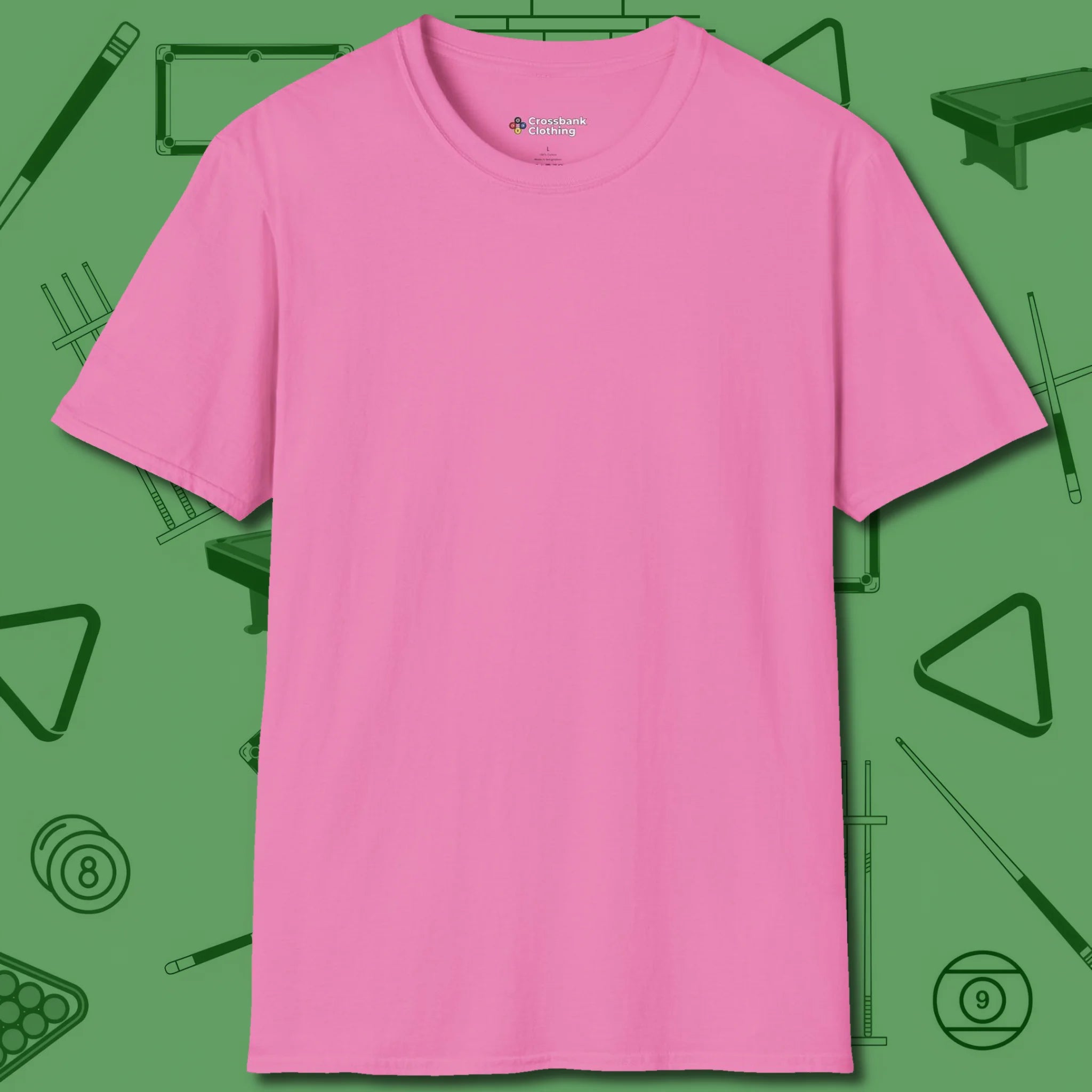 Death Grip 8 Ball T-Shirt, front view, in Azalea rack 'em—sink the money ball