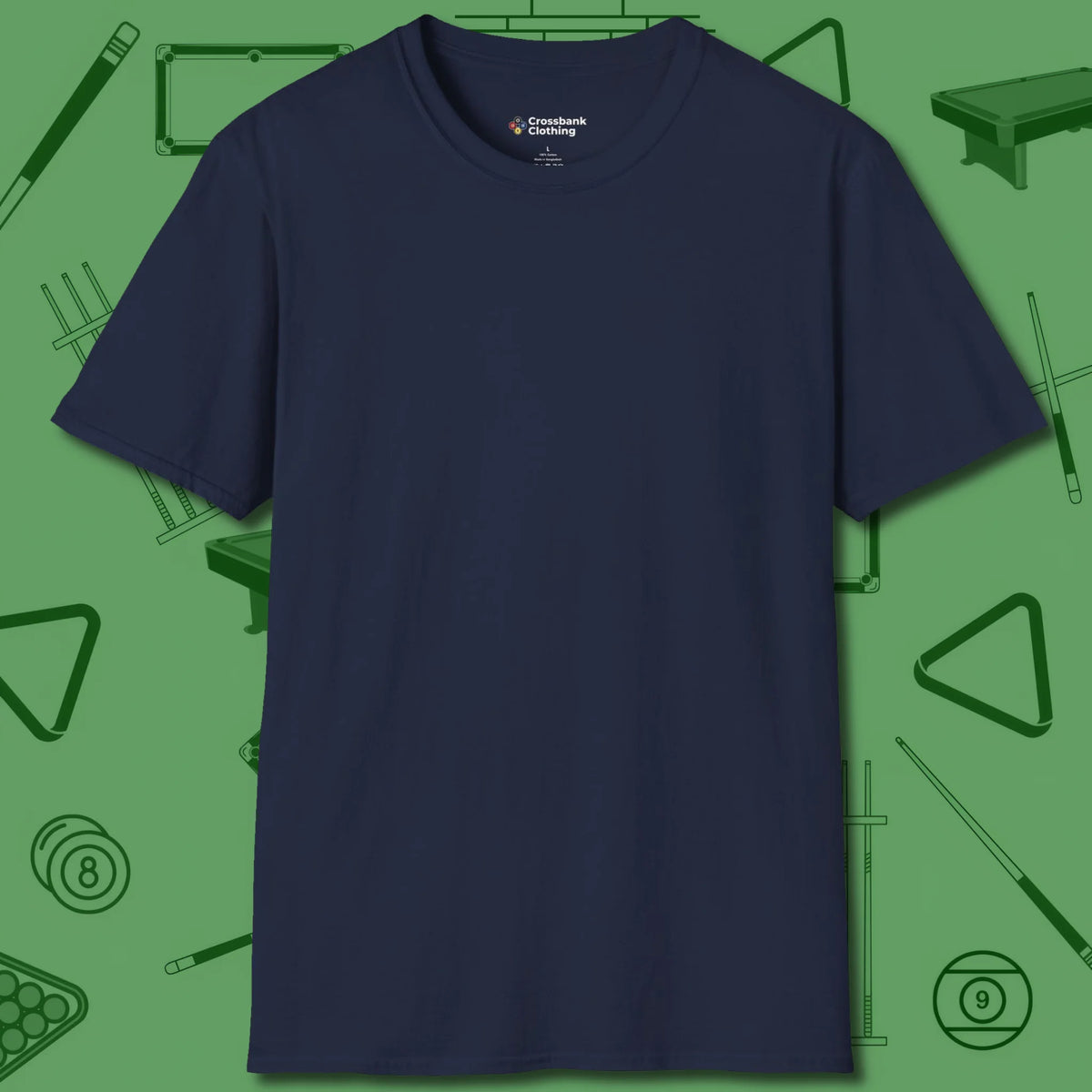 Death Grip 8 Ball T-Shirt, front view, in Navy break-and-run focus, cue control