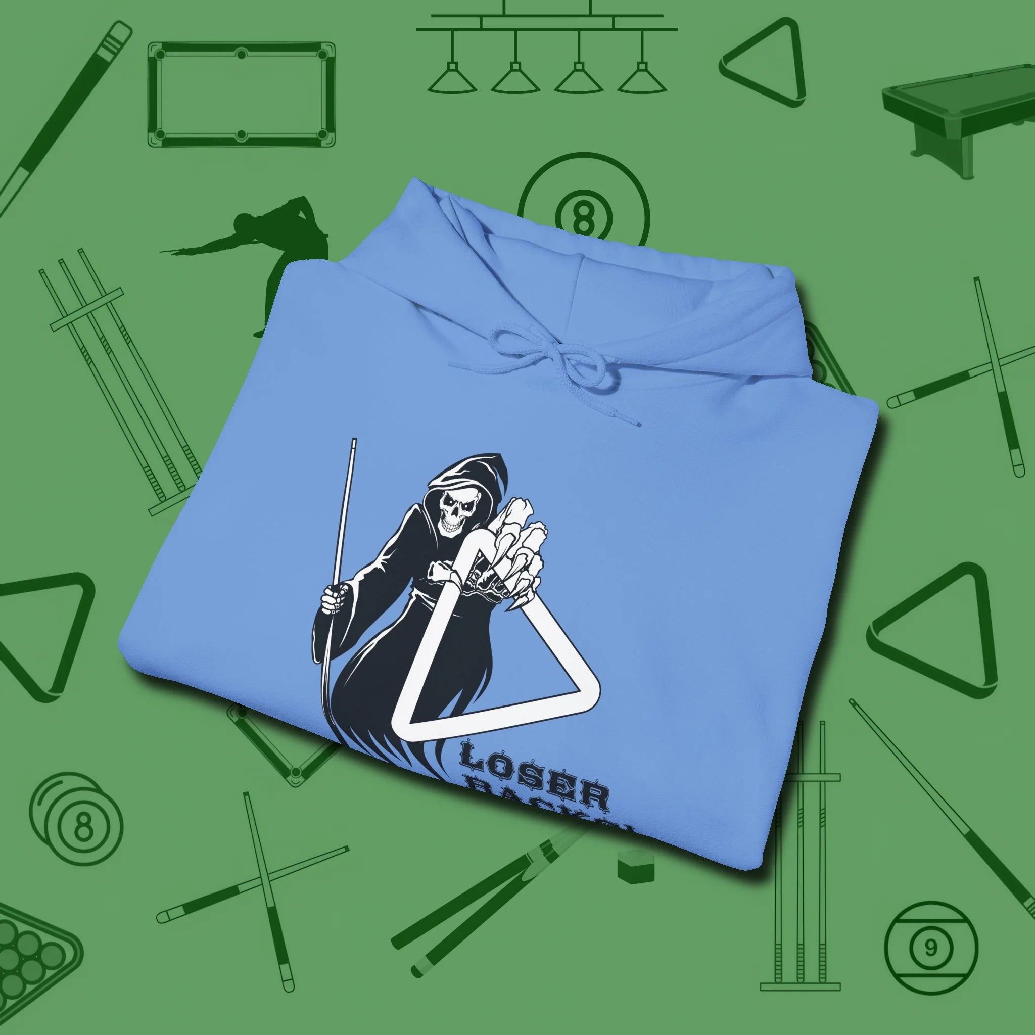 Death Loser Racks Hoodie, folded view, in Carolina Blue because you don’t just play — you represent