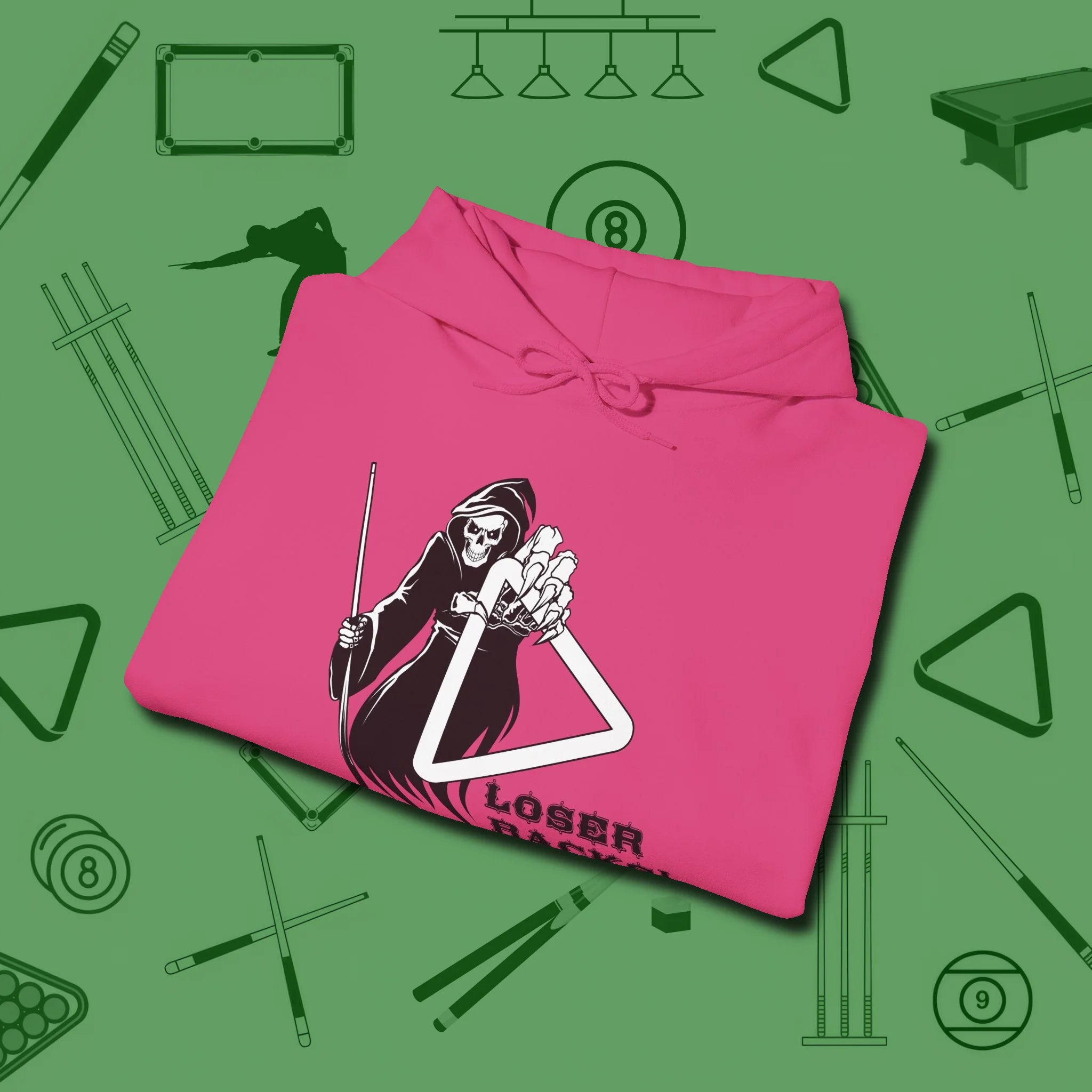 Death Loser Racks Hoodie, folded view, in Heliconia what champions wear between racks