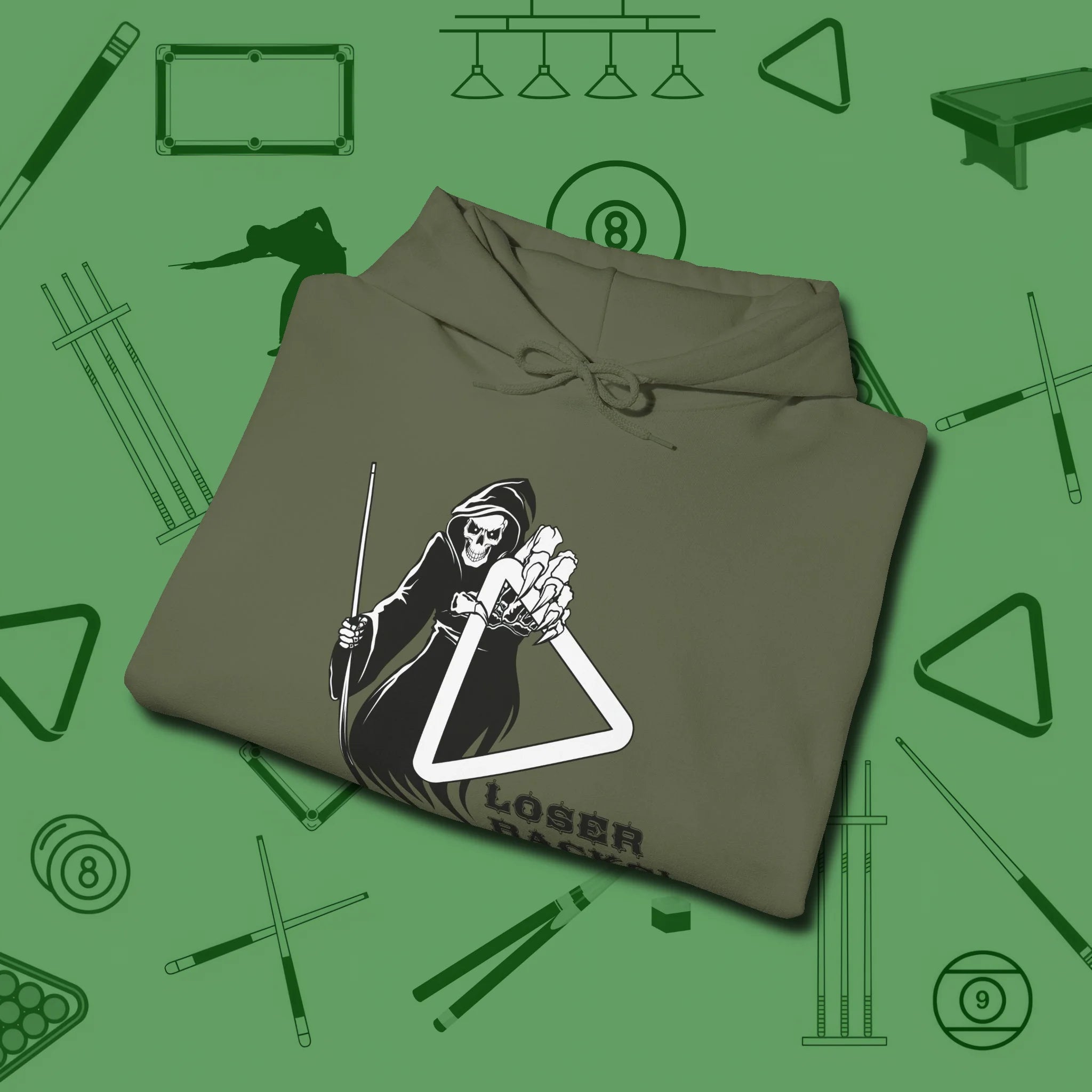 Death Loser Racks Hoodie, folded view, in Military Green break, run out, turn heads — repeat