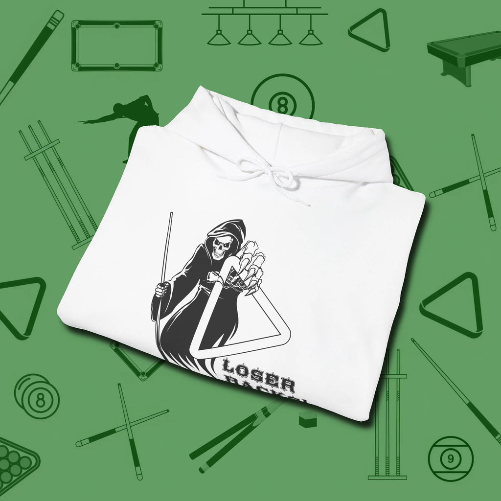 Death Loser Racks Hoodie, folded view, in White it’s not a hobby — it’s a lifestyle