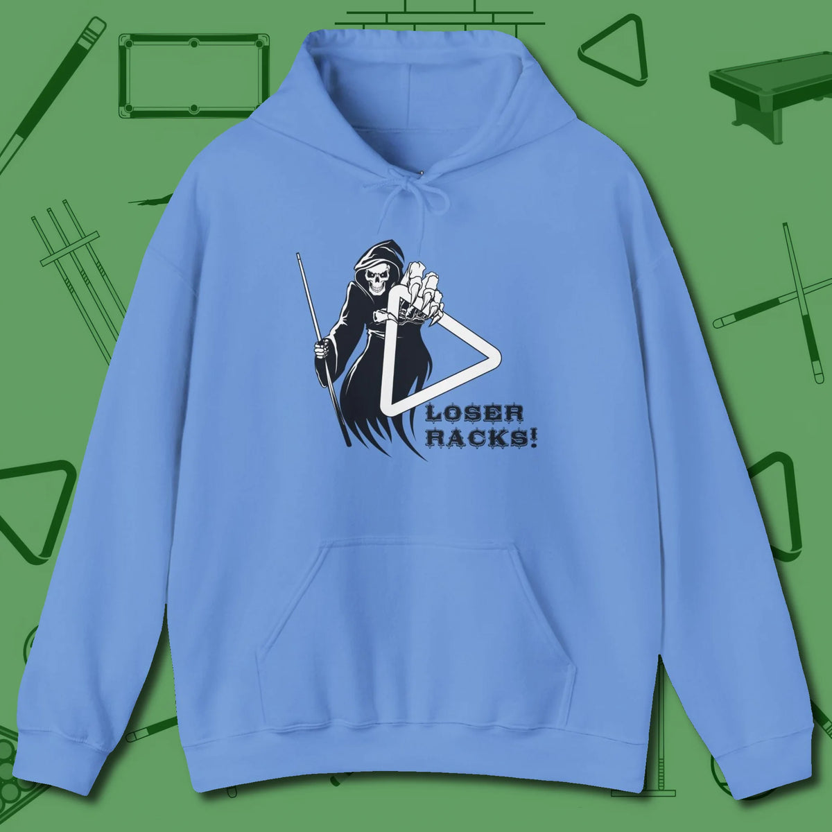 Death Loser Racks Hoodie, front view, in Carolina Blue for shooters who dress like they play: sharp