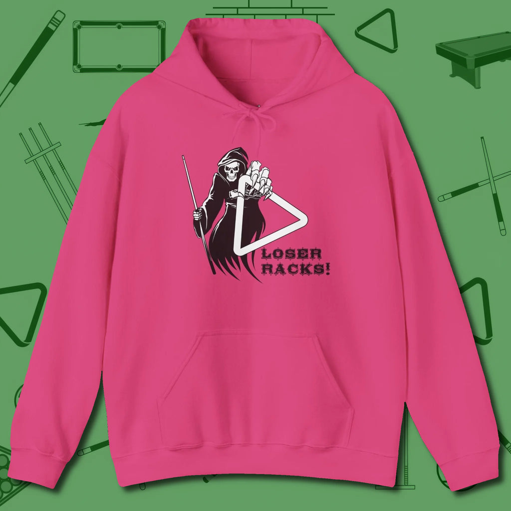Death Loser Racks Hoodie, front view, in Heliconia made for pool sharks, not posers