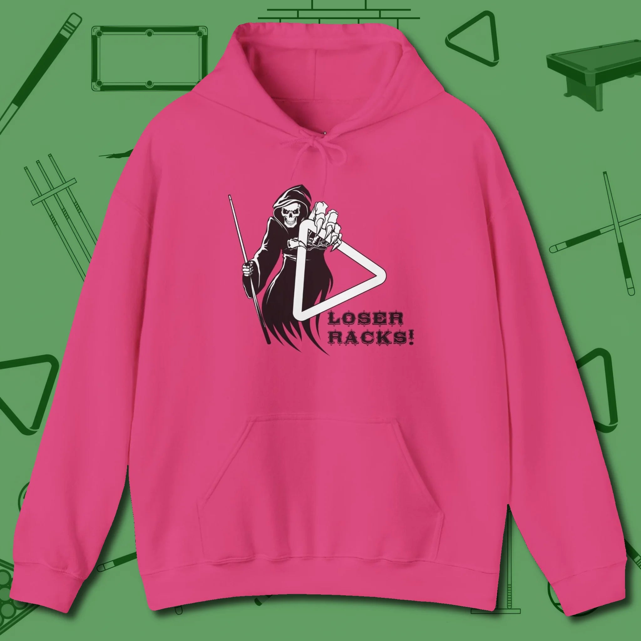 Death Loser Racks Hoodie, front view, in Heliconia made for pool sharks, not posers