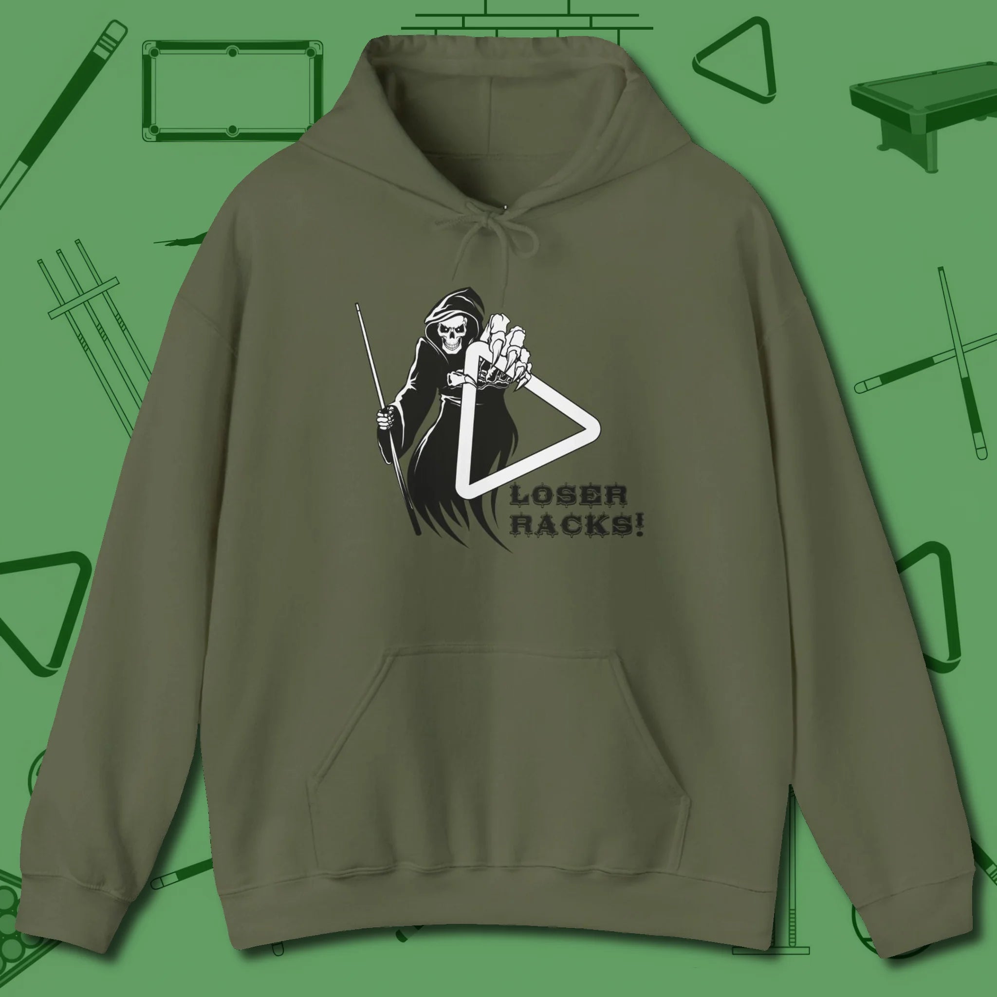 Death Loser Racks Hoodie, front view, in Military Green make every shot — and outfit — count