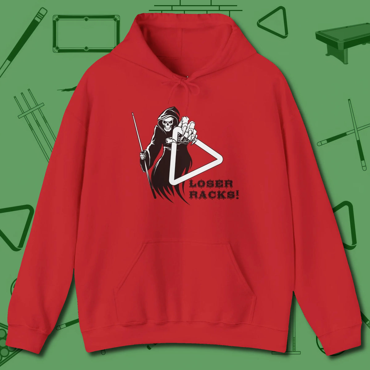 Death Loser Racks Hoodie, front view, in Red put your best game on display