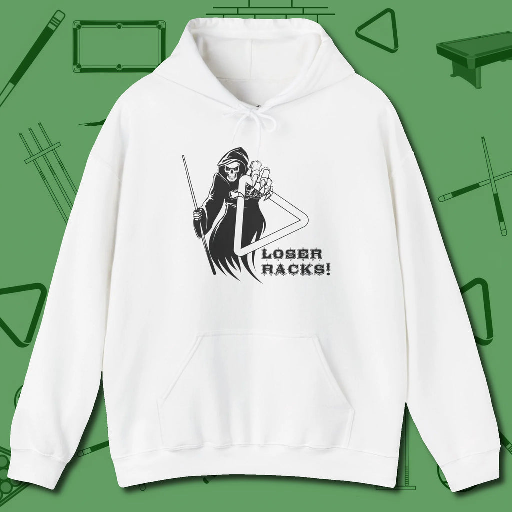 Death Loser Racks Hoodie, front view, in White your secret weapon off the table