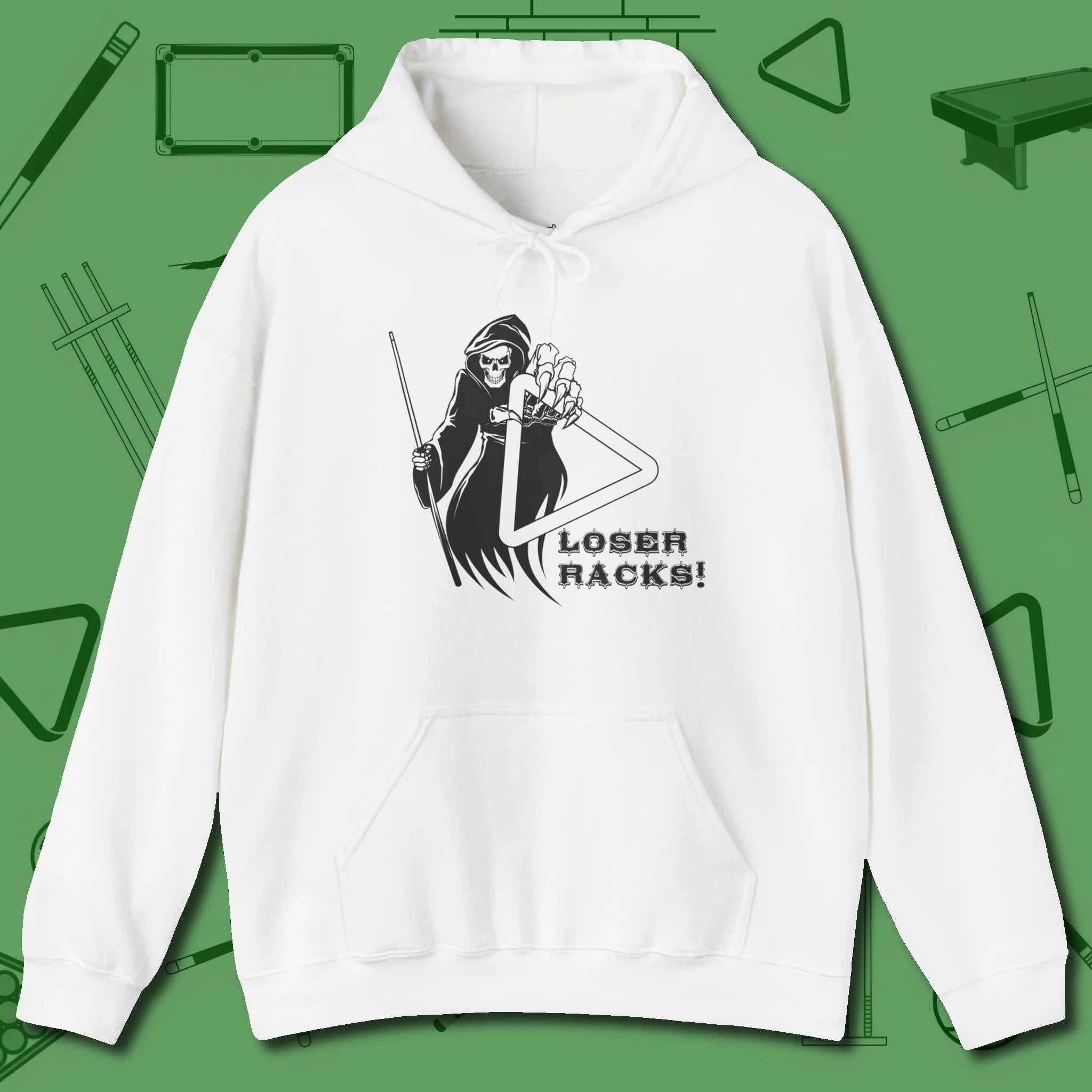 Death Loser Racks Hoodie, front view, in White your secret weapon off the table