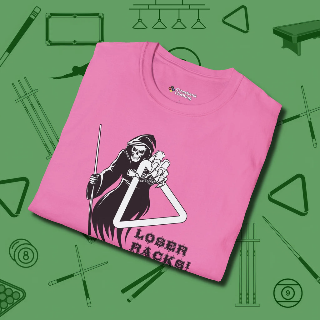 Death Loser Racks T-Shirt, folded view, in Azalea built for bold breaks and quiet confidence