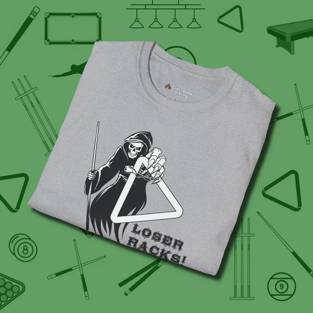 Death Loser Racks T-Shirt, folded view, in Sport Grey helps your stroke and your style