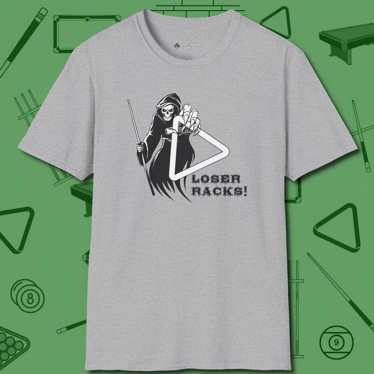 Death Loser Racks T-Shirt, front view, in Sport Grey dress for the shot you want to take