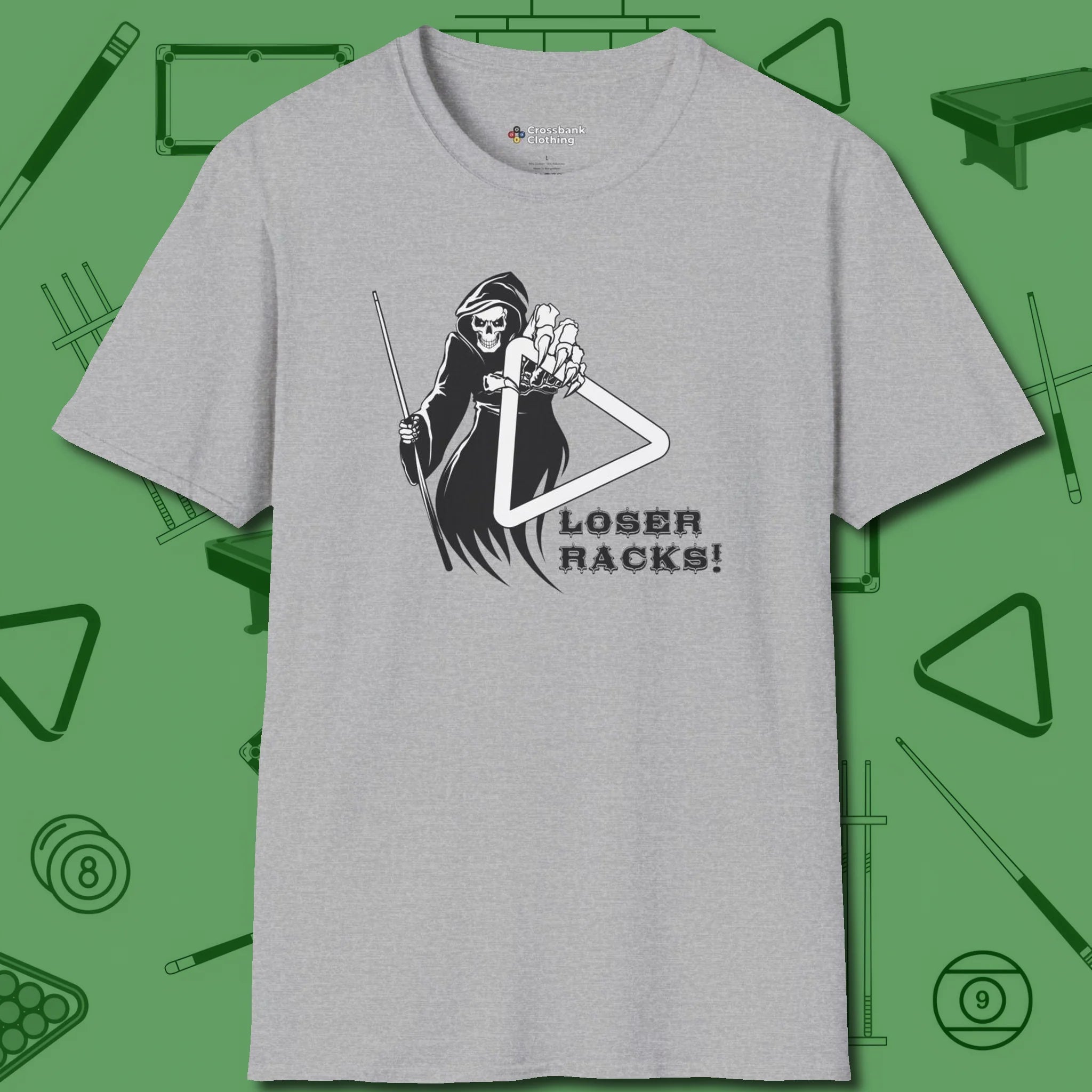 Death Loser Racks T-Shirt, front view, in Sport Grey dress for the shot you want to take