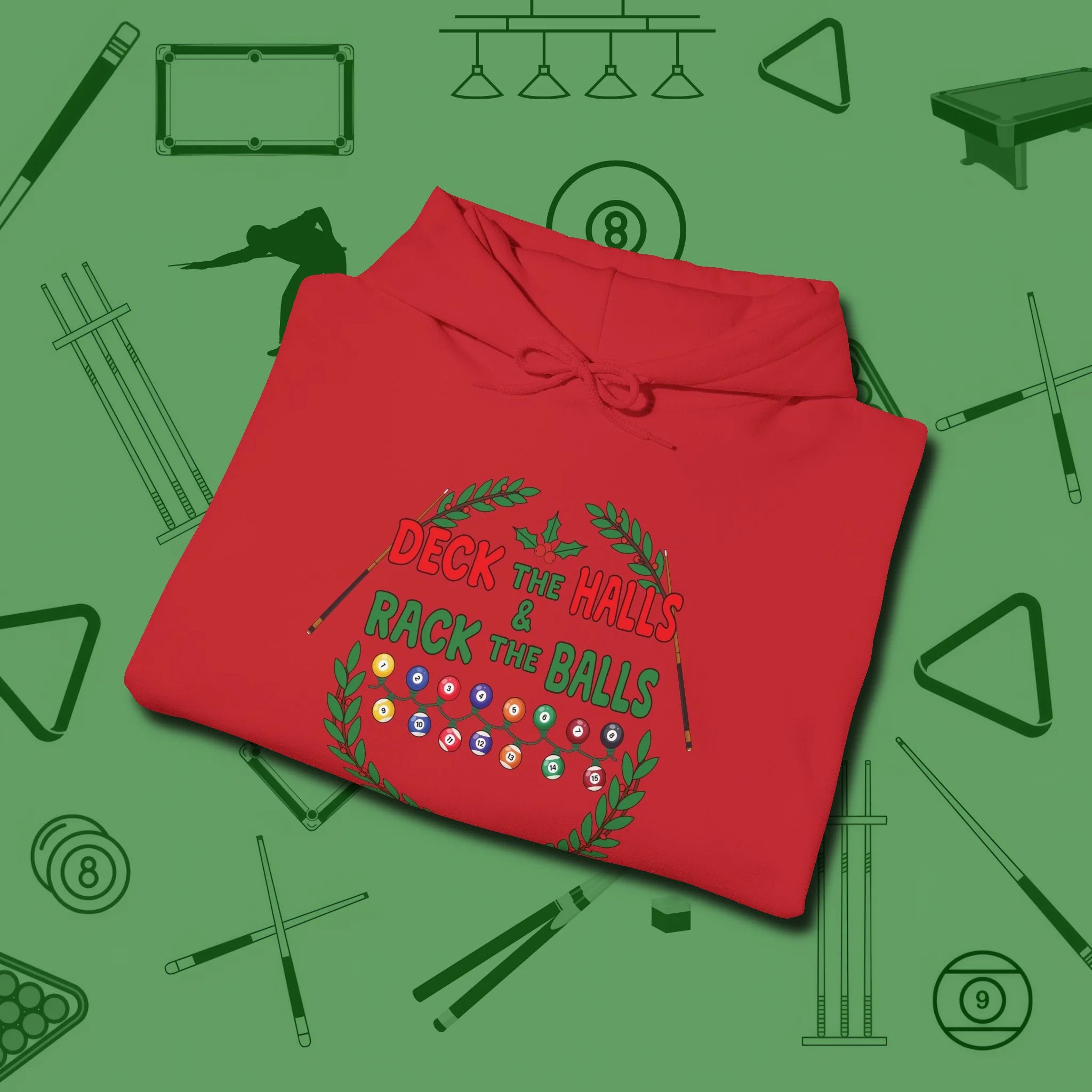 Deck the Halls Hoodie, folded view, in Red what champions wear between racks