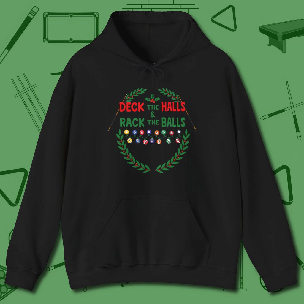 Deck the Halls Hoodie, front view, in Black confidence stitched in every seam