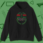 Deck the Halls Hoodie, front view, in Black confidence stitched in every seam