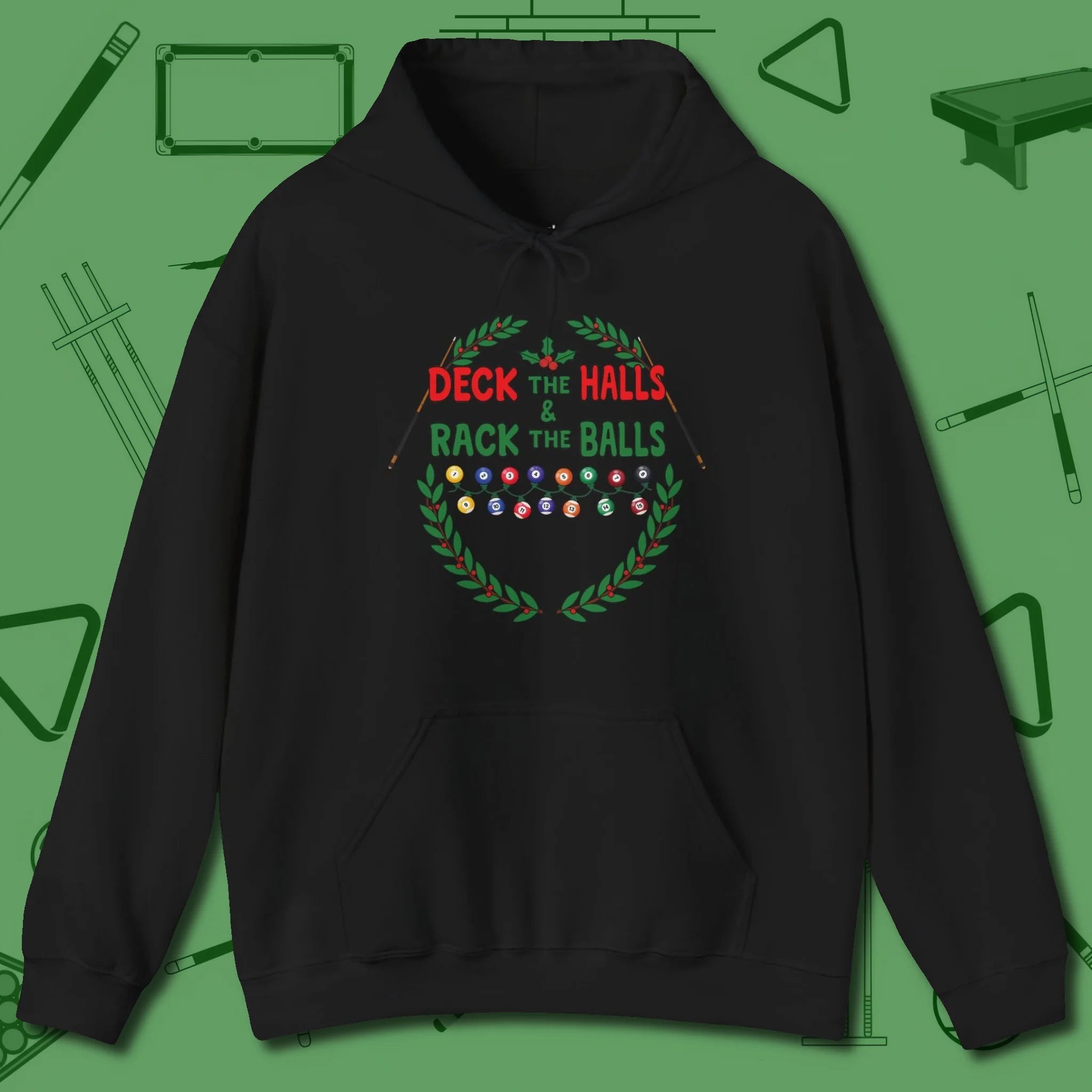 Deck the Halls Hoodie, front view, in Black confidence stitched in every seam