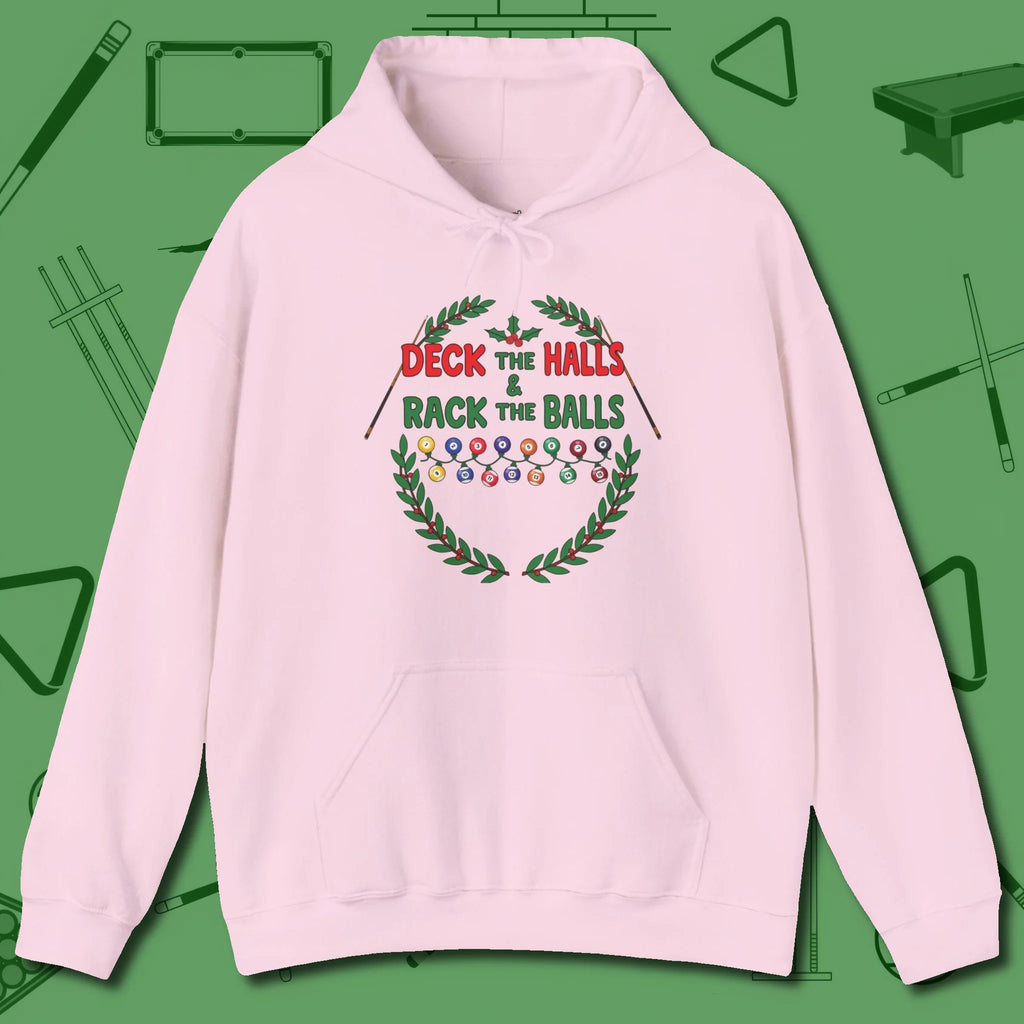 Deck the Halls Hoodie, front view, in Light Pink precise, confident, always in control