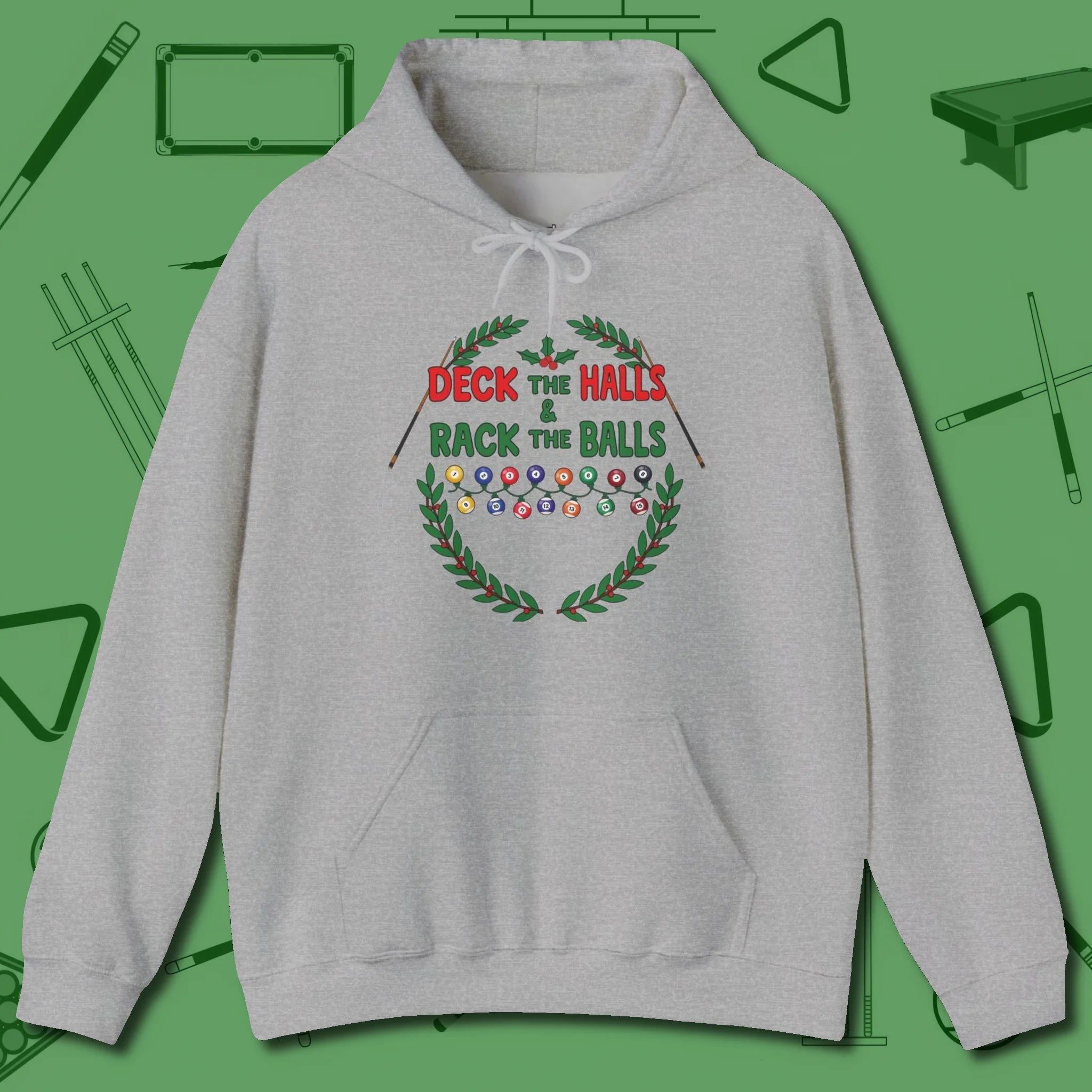 Deck the Halls Hoodie, front view, in Sport Grey styled to dominate from rack to run-out