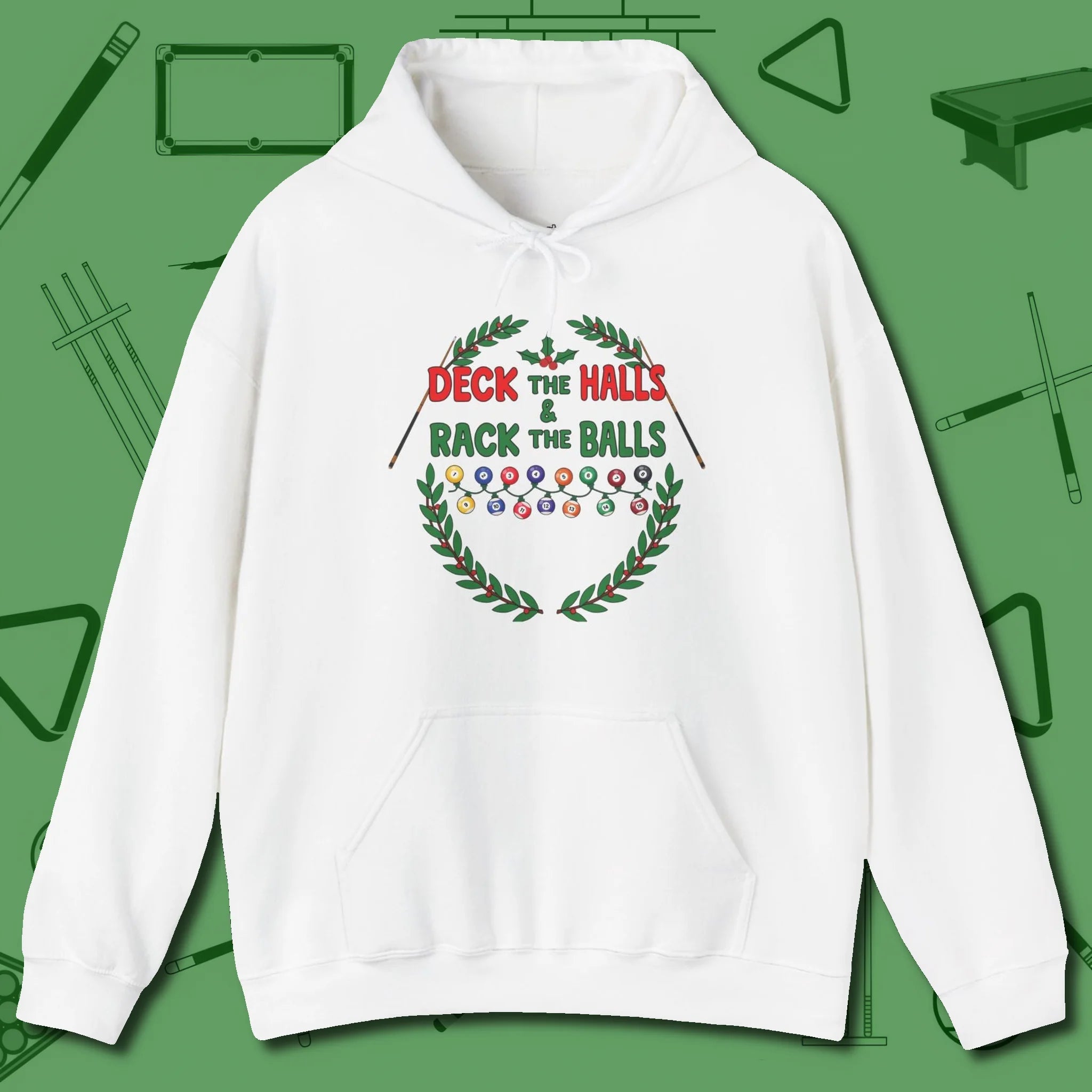 Deck the Halls Hoodie, front view, in White subtle drip for serious shooters