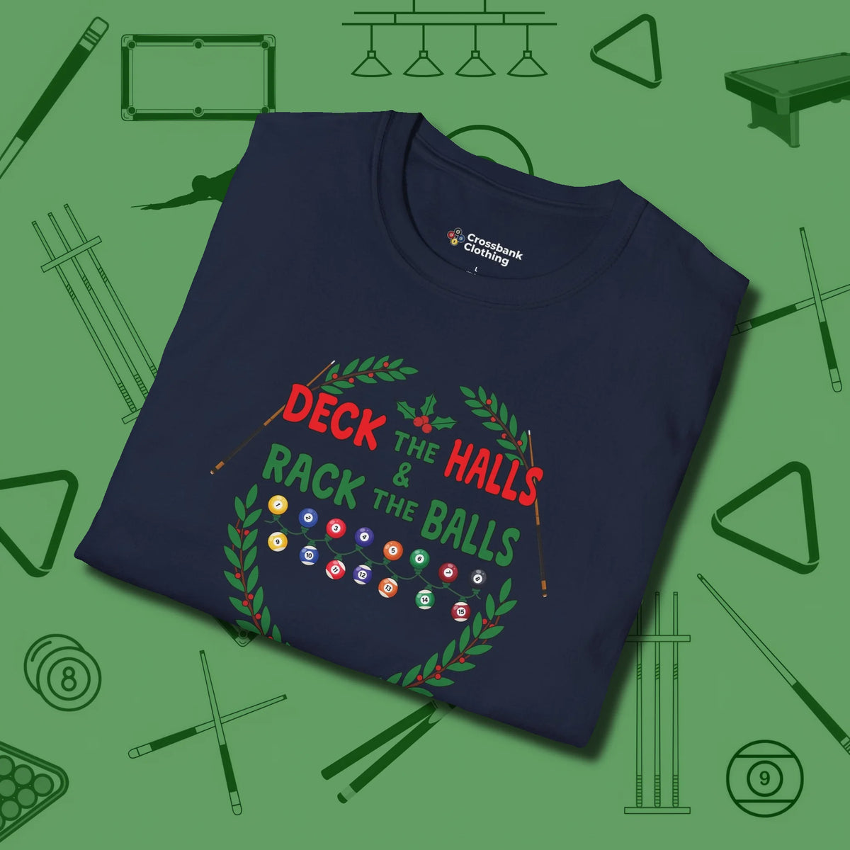 Deck the Halls T-Shirt, folded view, in Navy like your stroke — smooth and deliberate