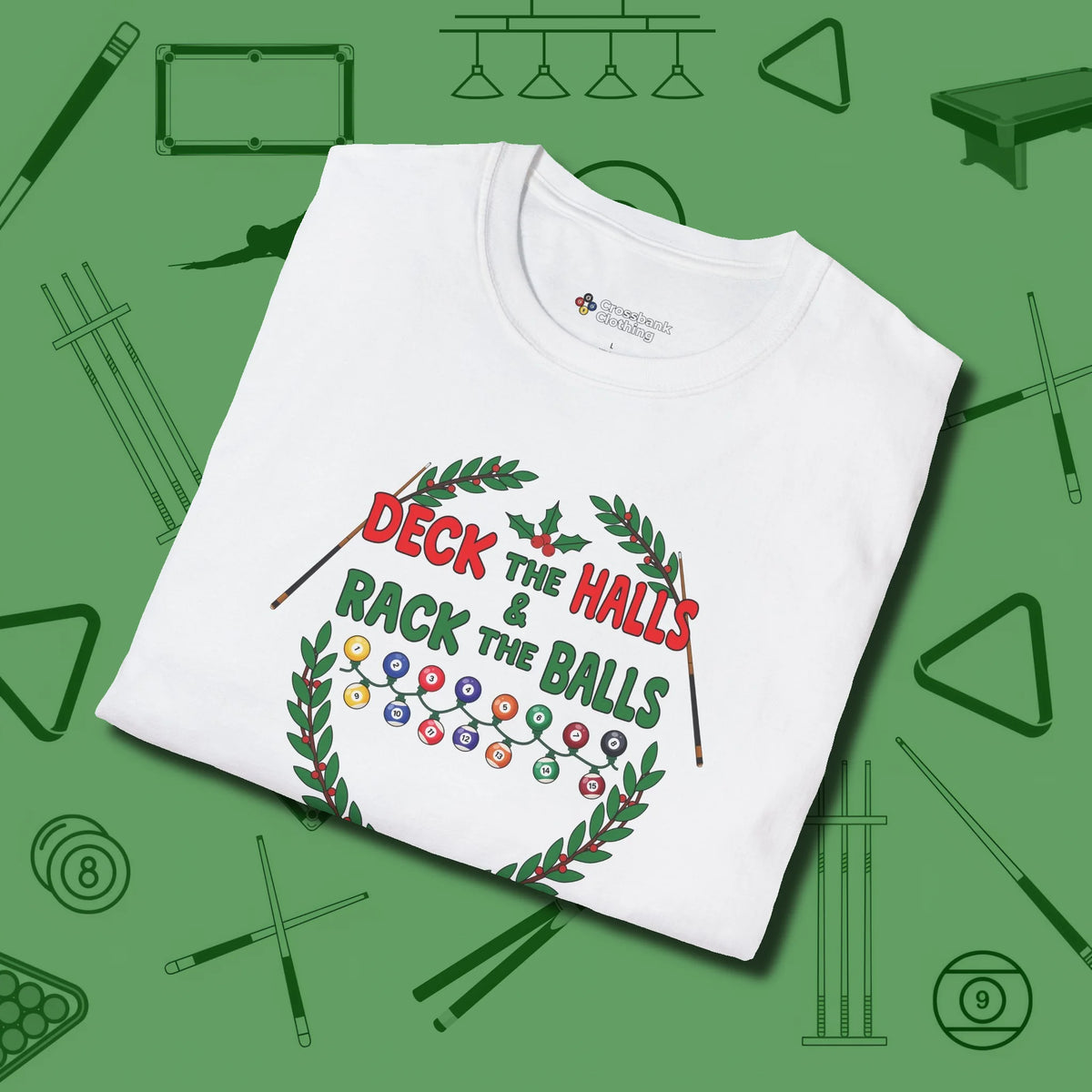 Deck the Halls T-Shirt, folded view, in White styled to dominate from rack to run-out