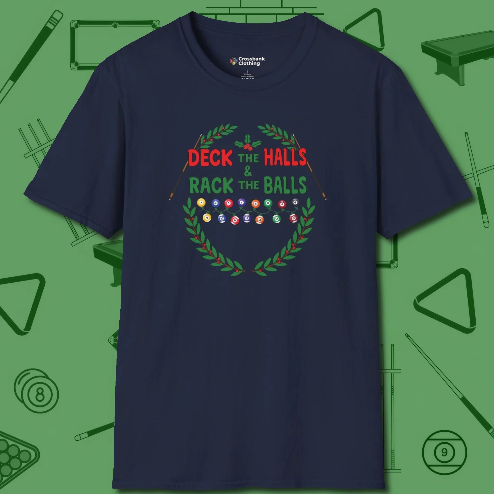 Deck the Halls T-Shirt, front view, in Navy attitude built for the long haul