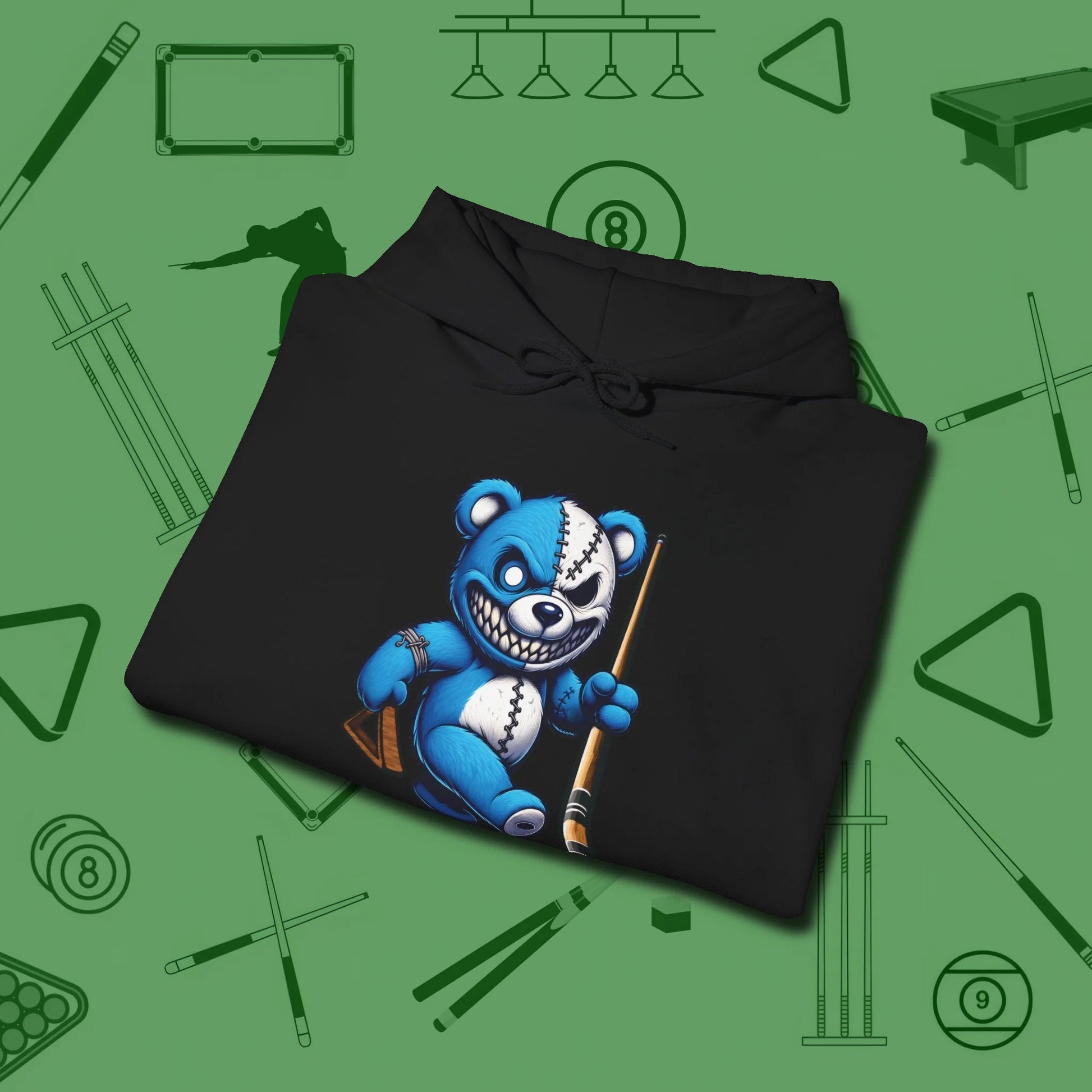 Demented Teddy Billiards Hoodie, folded view, in Black for players who live the game