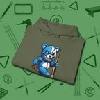 Demented Teddy Billiards Hoodie, folded view, in Military Green styled to dominate from rack to run-out