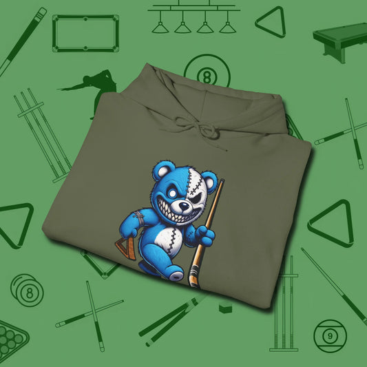 Demented Teddy Billiards Hoodie, folded view, in Military Green styled to dominate from rack to run-out