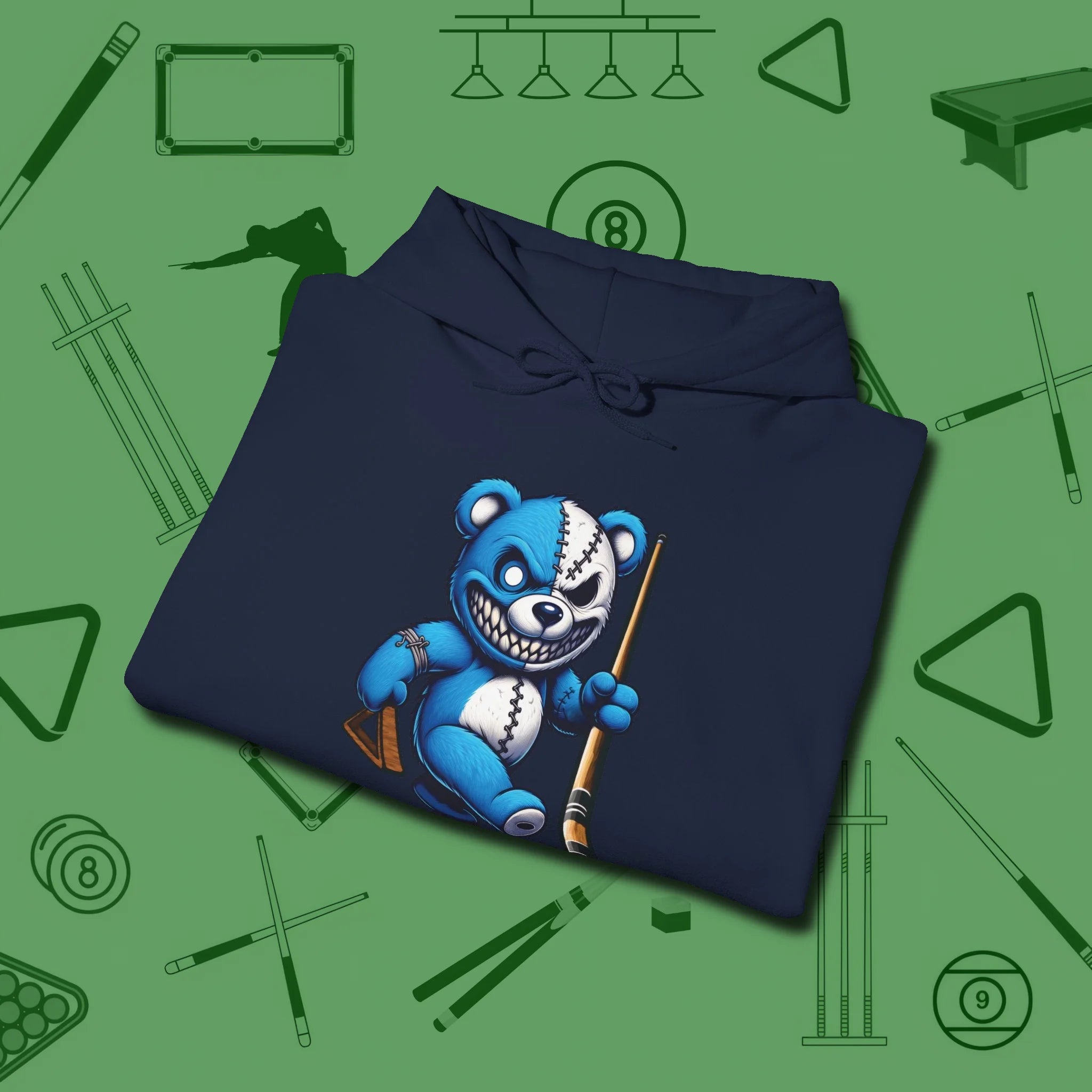 Demented Teddy Billiards Hoodie, folded view, in Navy helps your stroke and your style