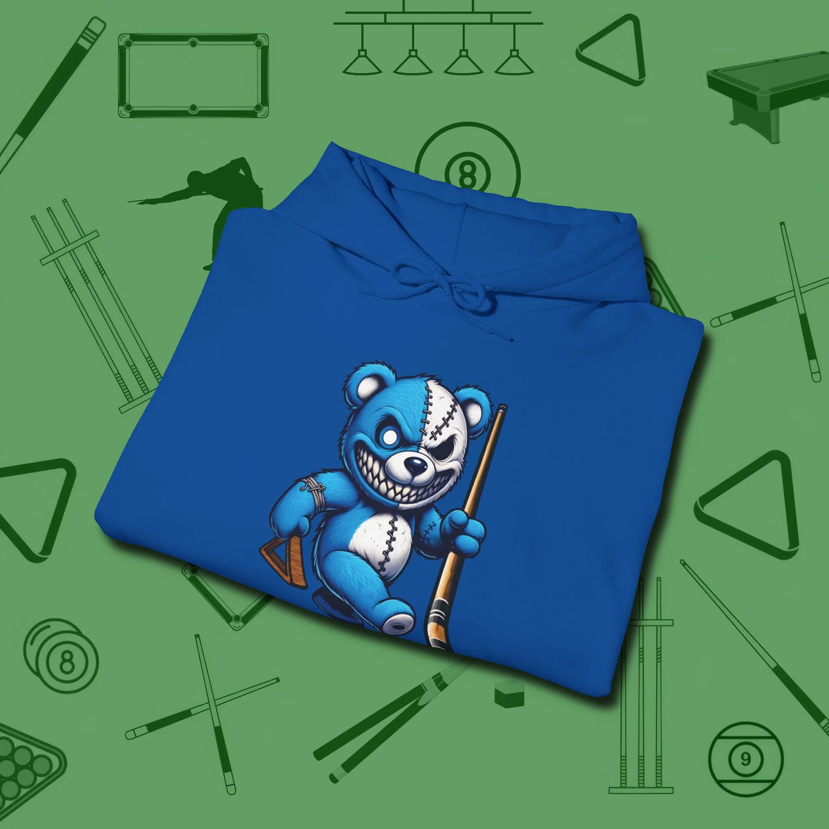 Demented Teddy Billiards Hoodie, folded view, in Royal stitched for cue discipline and cool confidence