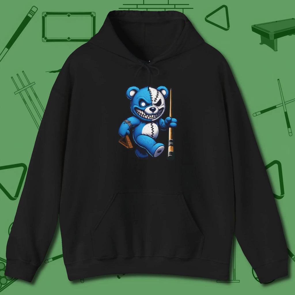 Demented Teddy Billiards Hoodie, front view, in Black earns respect before the first shot